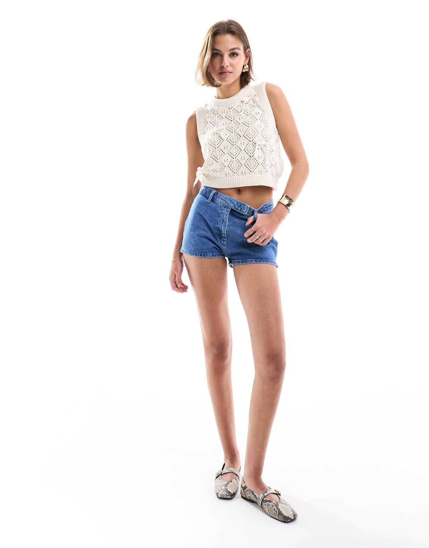 ASOS DESIGN knitted tank top in pointelle stitch with bow detail in cream - ASOS Sample Sale