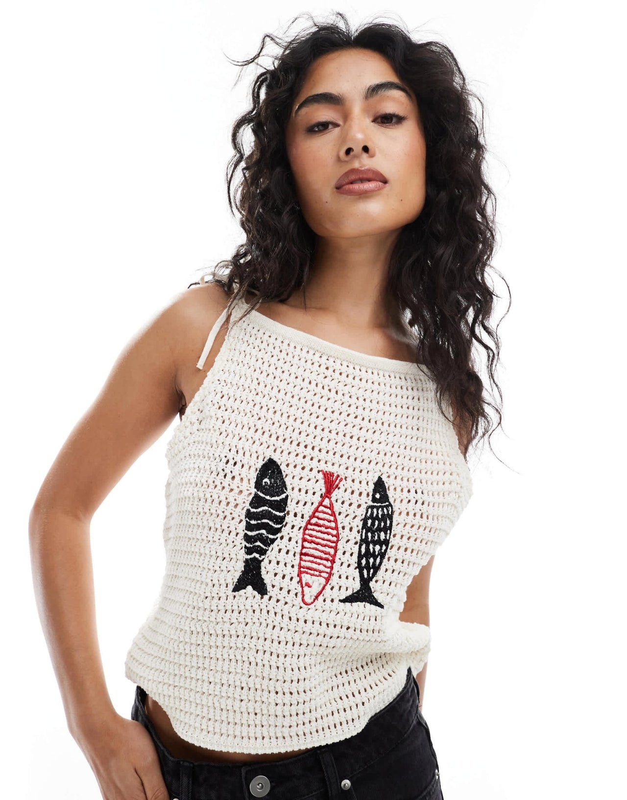 ASOS DESIGN knitted tank top with fish embroidery in ecru - ASOS Sample Sale