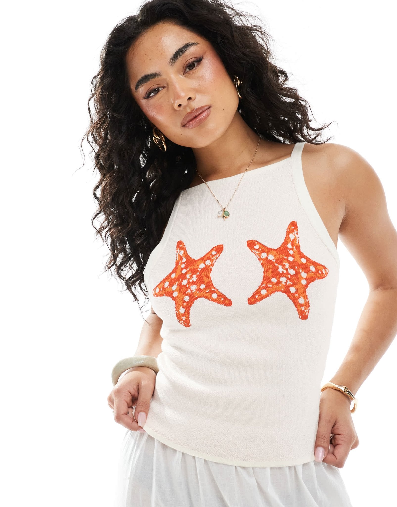 ASOS DESIGN knitted tank top with starfish detail in cream - ASOS Sample Sale