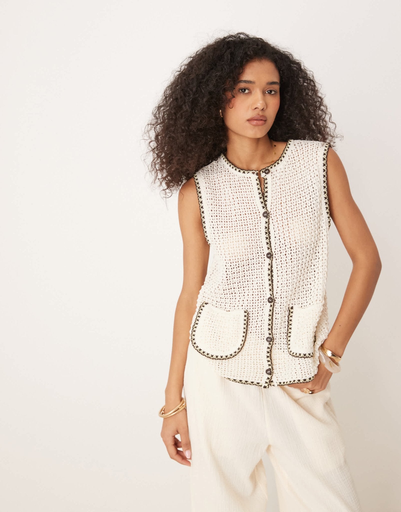 ASOS DESIGN knitted tank with patch pockets and blanket stitch in ecru - ASOS Sample Sale