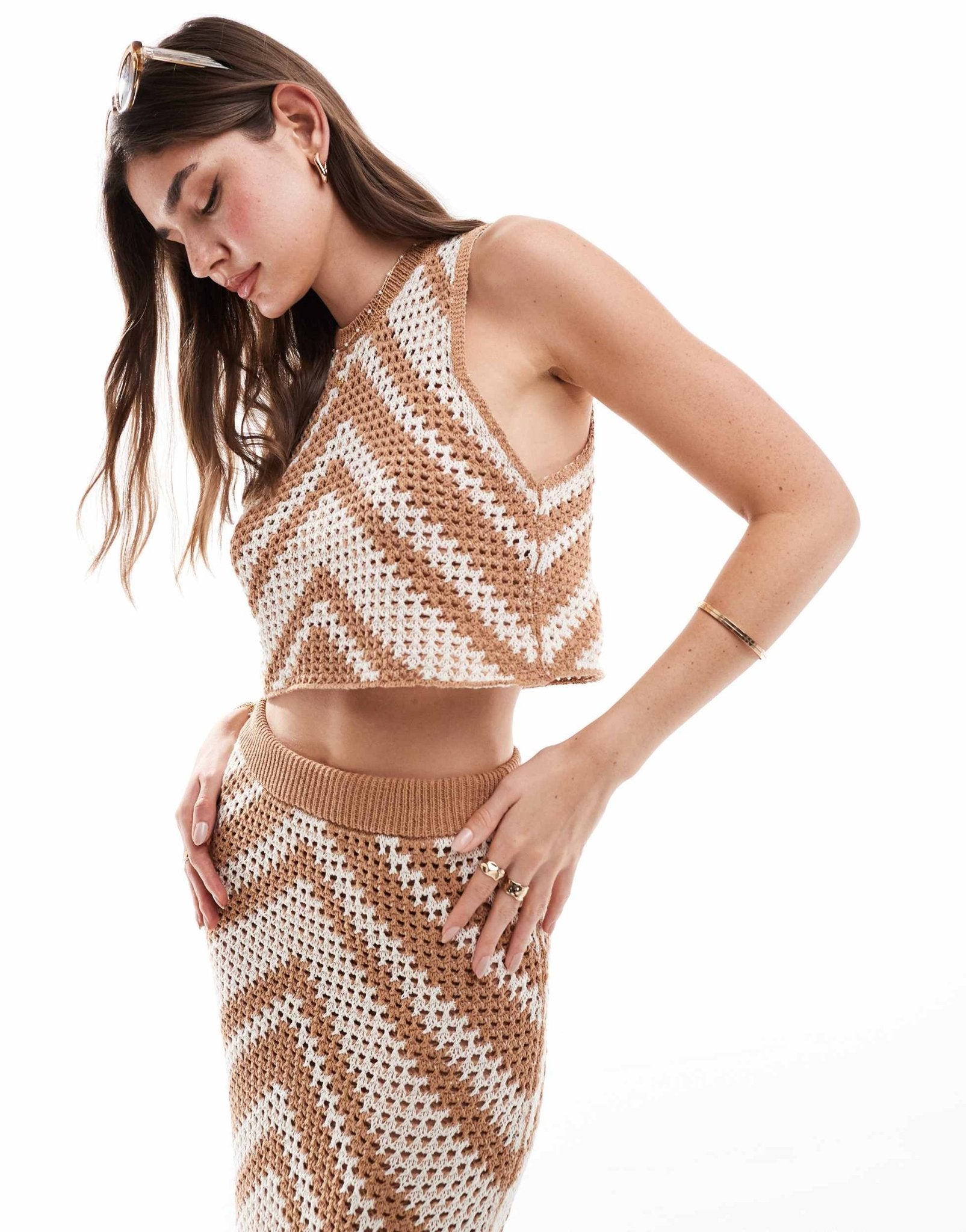ASOS DESIGN knitted top in brown chevron stitch co - ord - in brown - ASOS Sample Sale