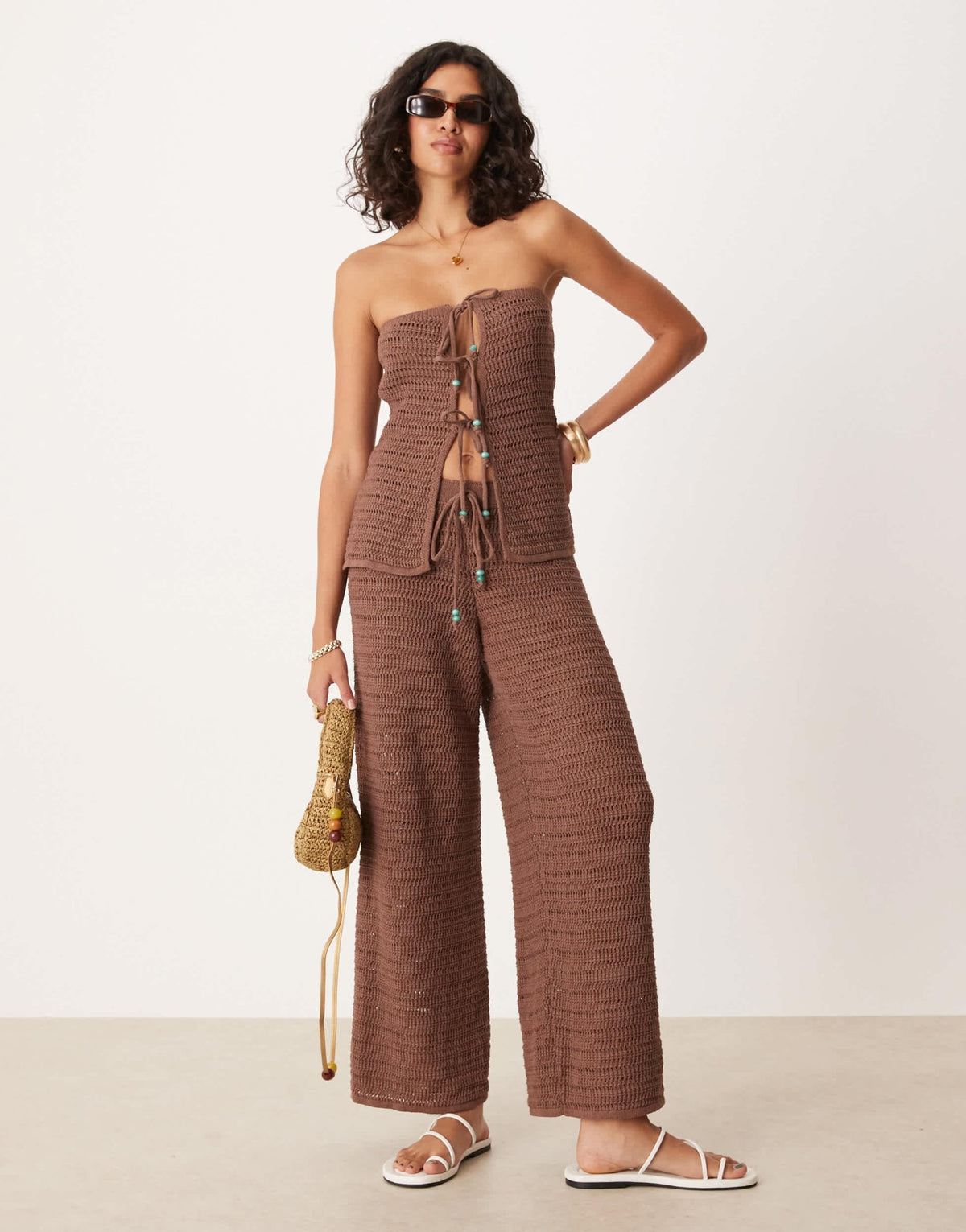 ASOS DESIGN knitted trouser co-ord with turquoise beads in brown - ASOS Sample Sale