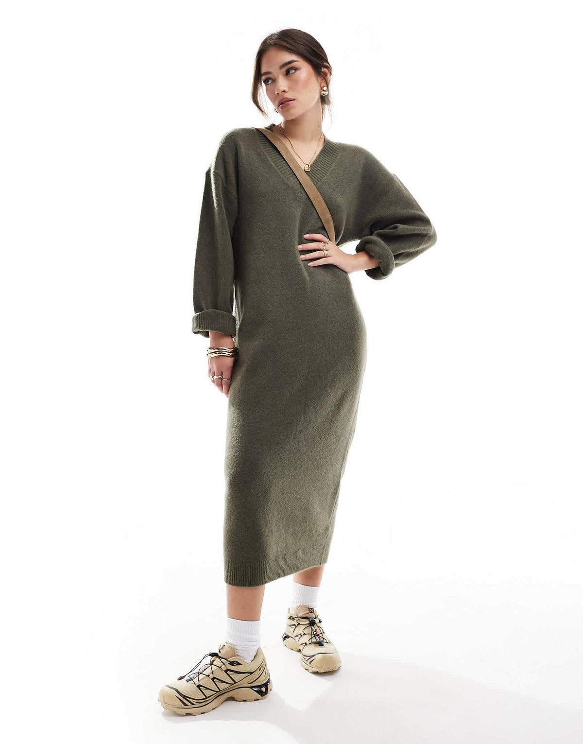 ASOS DESIGN knitted v neck midaxi dress in khaki - ASOS Sample Sale