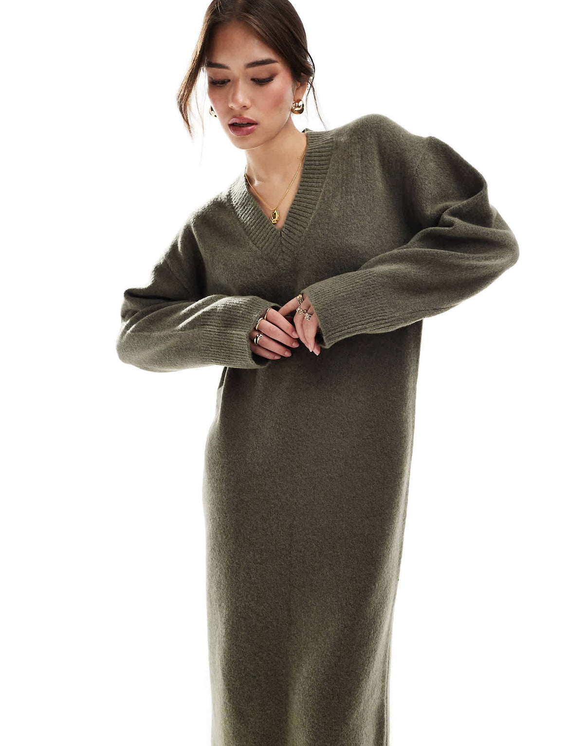 ASOS DESIGN knitted v neck midaxi dress in khaki - ASOS Sample Sale
