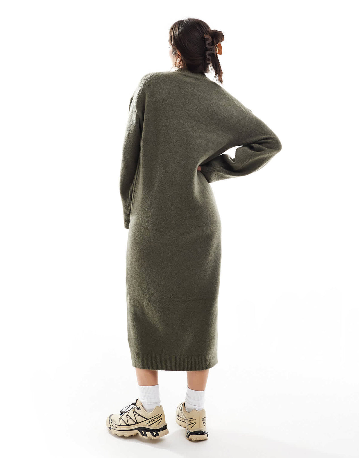 ASOS DESIGN knitted v neck midaxi dress in khaki - ASOS Sample Sale