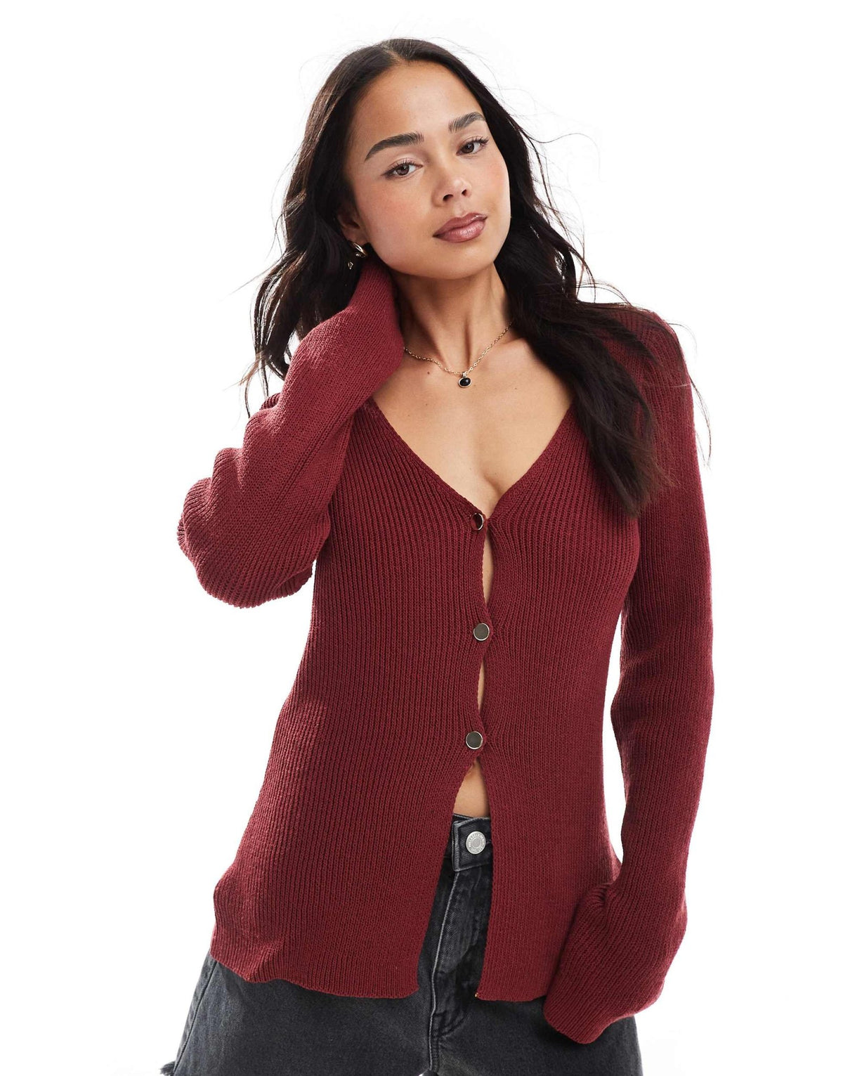 ASOS DESIGN knitted v neck structured cardigan with gold buttons in burgundy - ASOS Sample Sale