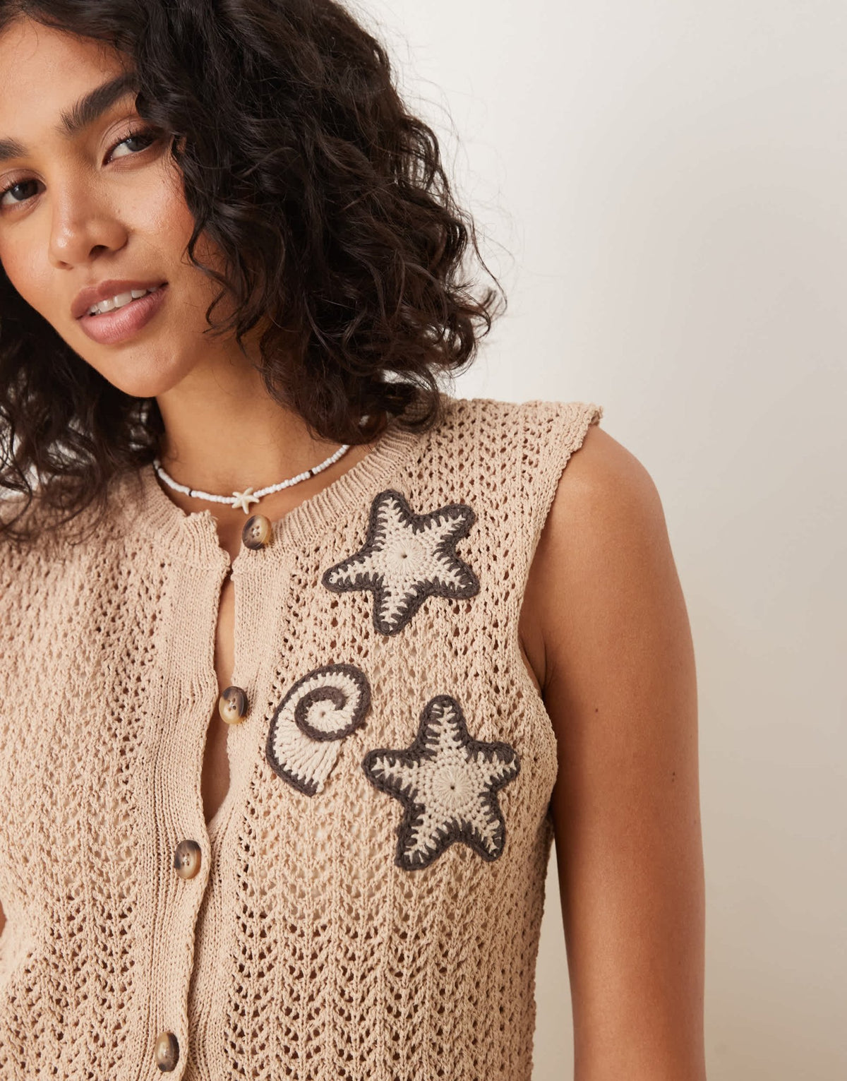 ASOS DESIGN knitted waistcoat co-ord with crochet shells in brown - ASOS Sample Sale