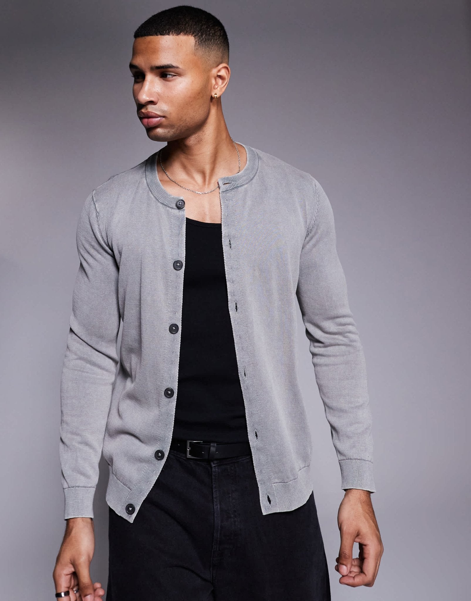 ASOS DESIGN knitted washed crew neck cardigan in grey - ASOS Sample Sale