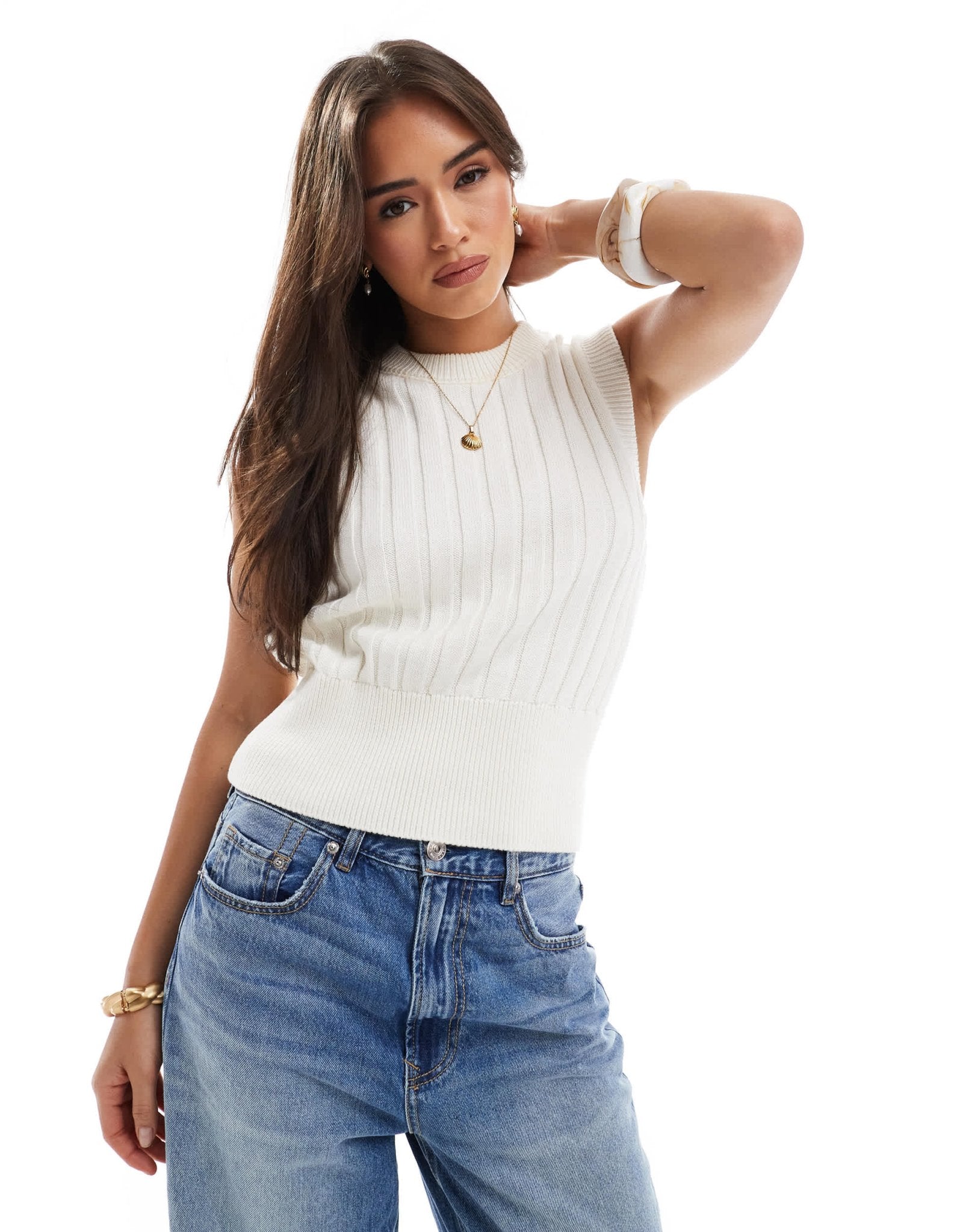 ASOS DESIGN knitted wide rib tank with sculpted hem detail in cream - ASOS Sample Sale
