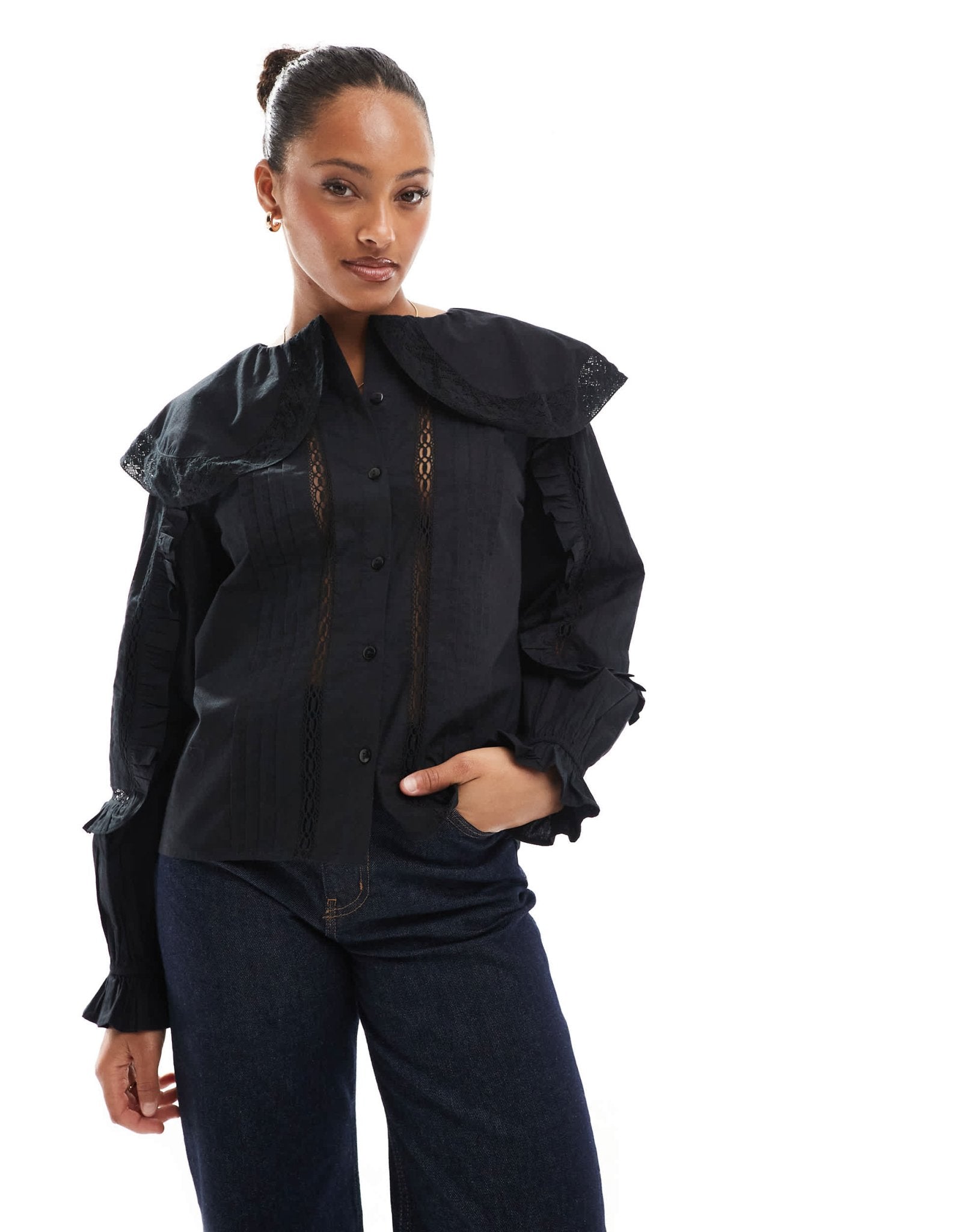 ASOS DESIGN lace and broderie insert shirt with large collar in black - ASOS Sample Sale