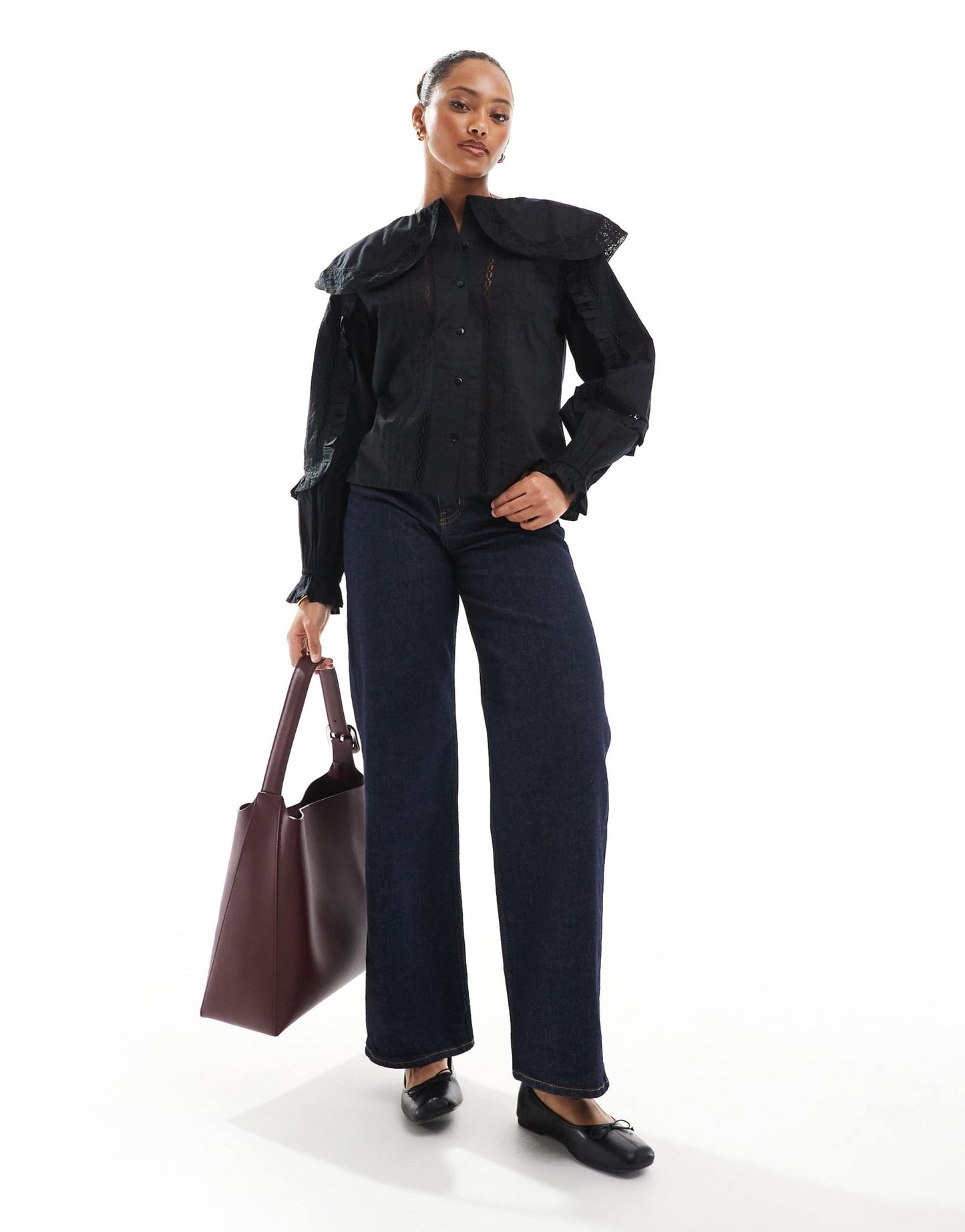 ASOS DESIGN lace and broderie insert shirt with large collar in black - ASOS Sample Sale