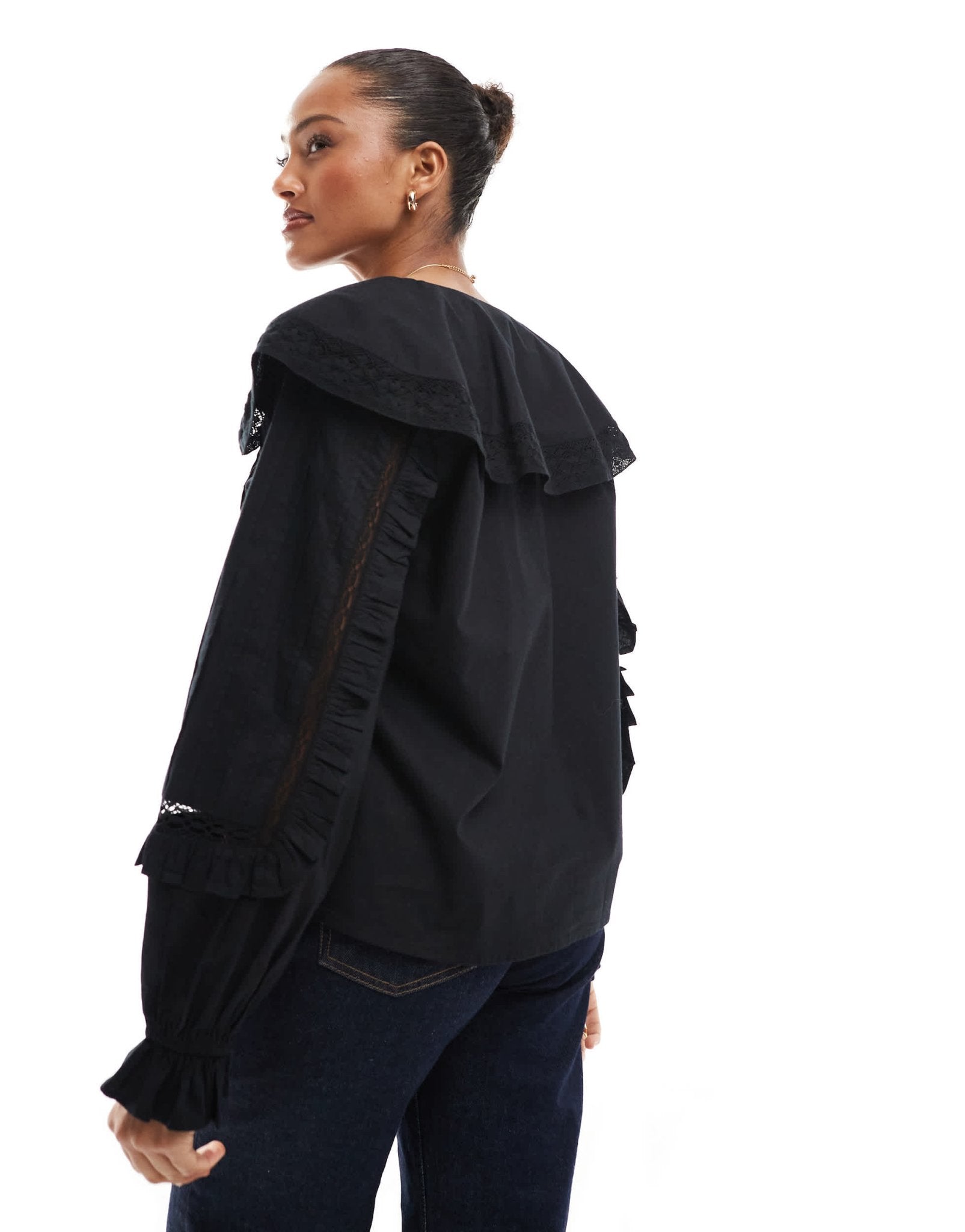 ASOS DESIGN lace and broderie insert shirt with large collar in black - ASOS Sample Sale