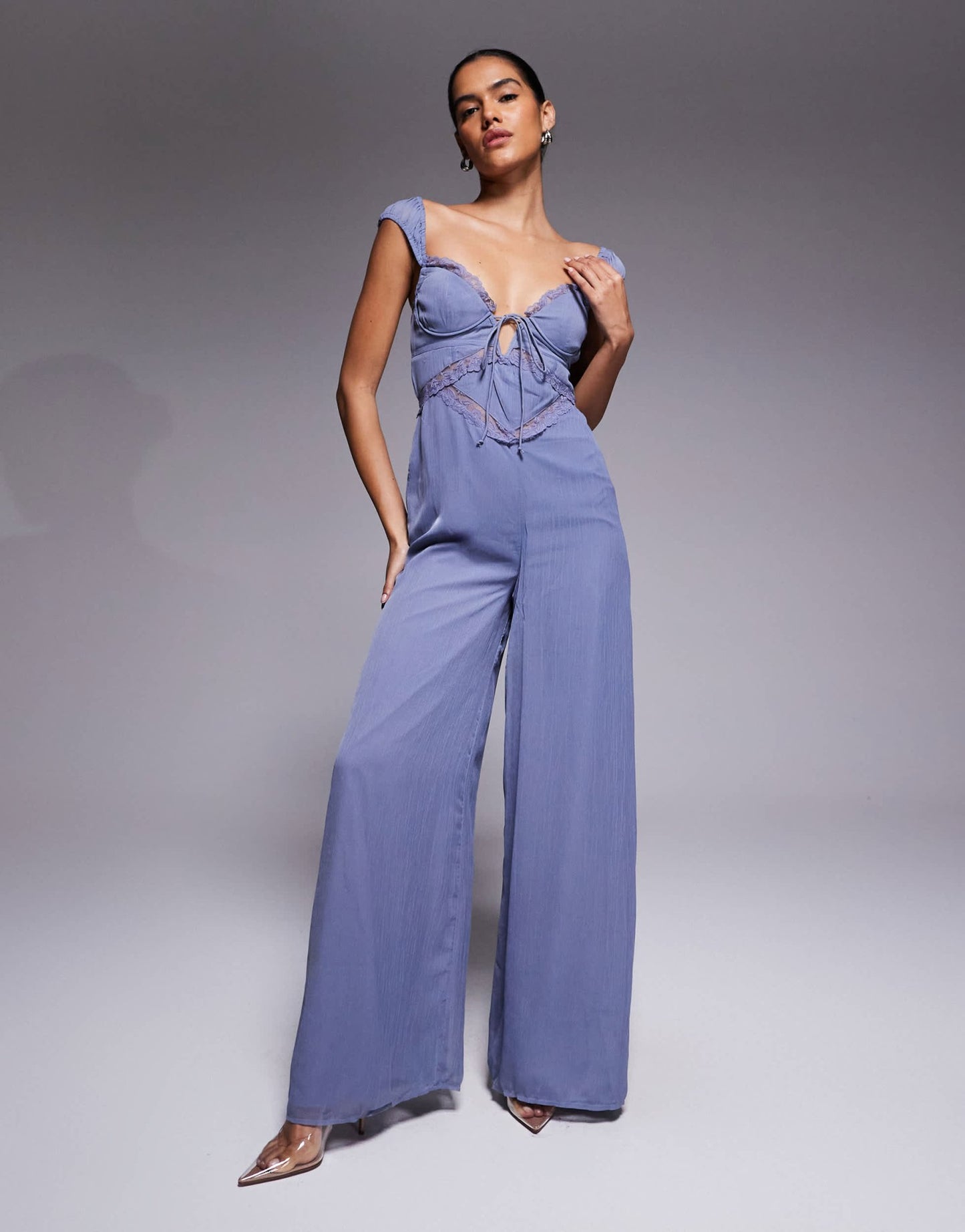 ASOS DESIGN lace insert corset detail wide leg jumpsuit in dusky blue - ASOS Sample Sale