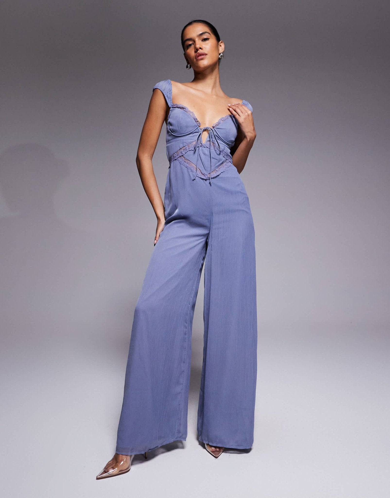 ASOS DESIGN lace insert corset detail wide leg jumpsuit in dusky blue - ASOS Sample Sale