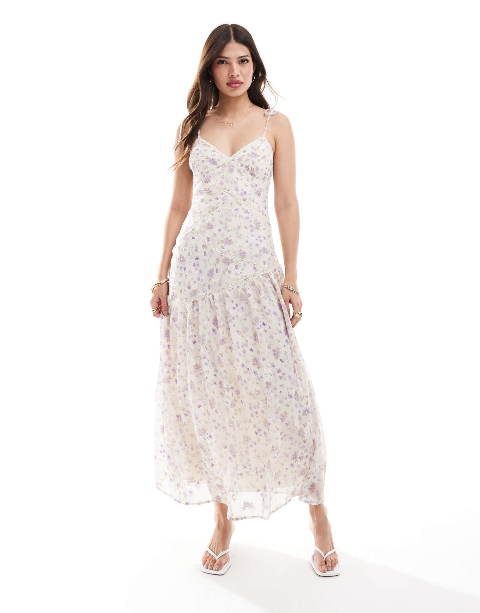 ASOS DESIGN lace insert panelled midi dress in lilac ditsy floral print - ASOS Sample Sale