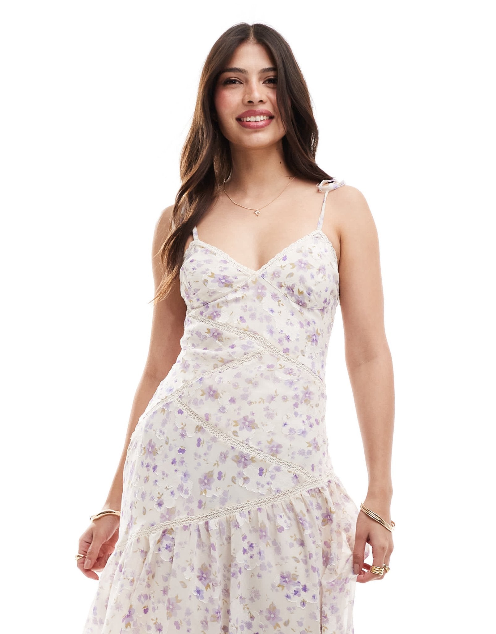ASOS DESIGN lace insert panelled midi dress in lilac ditsy floral print - ASOS Sample Sale