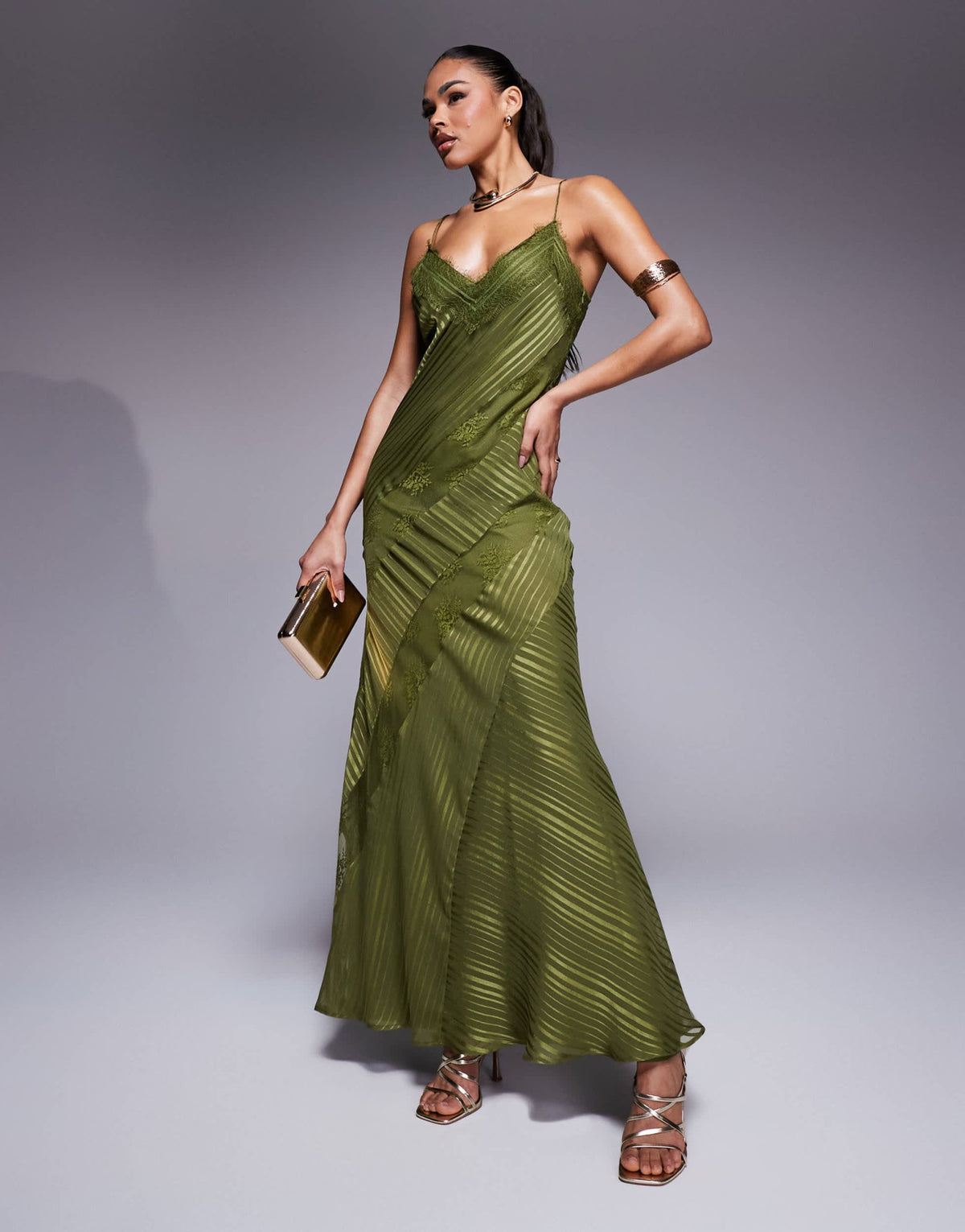 ASOS DESIGN lace insert satin stripe panelled maxi dress in green - ASOS Sample Sale