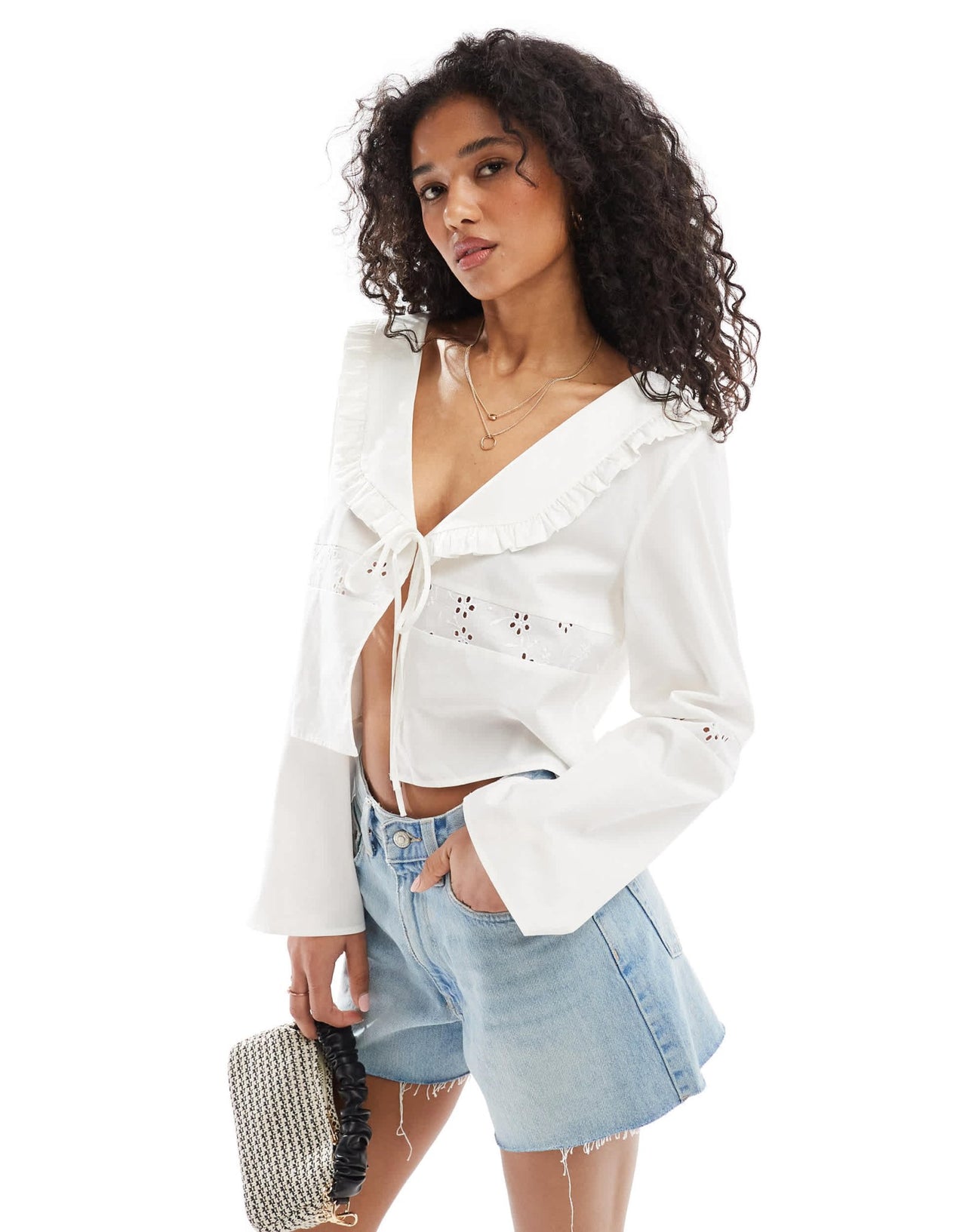 ASOS DESIGN lace insert tie front collar blouse in ivory - ASOS Sample Sale