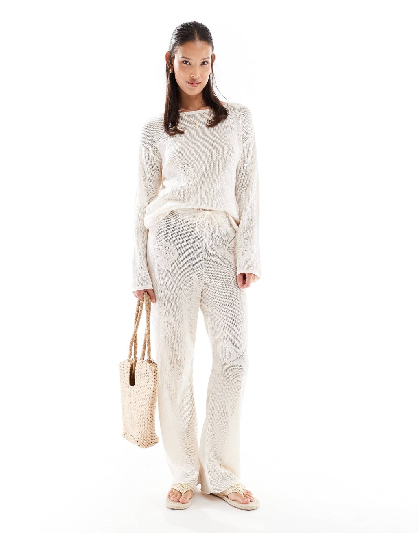 ASOS DESIGN lace knit wide leg trouser with shell motif in ecru - ASOS Sample Sale