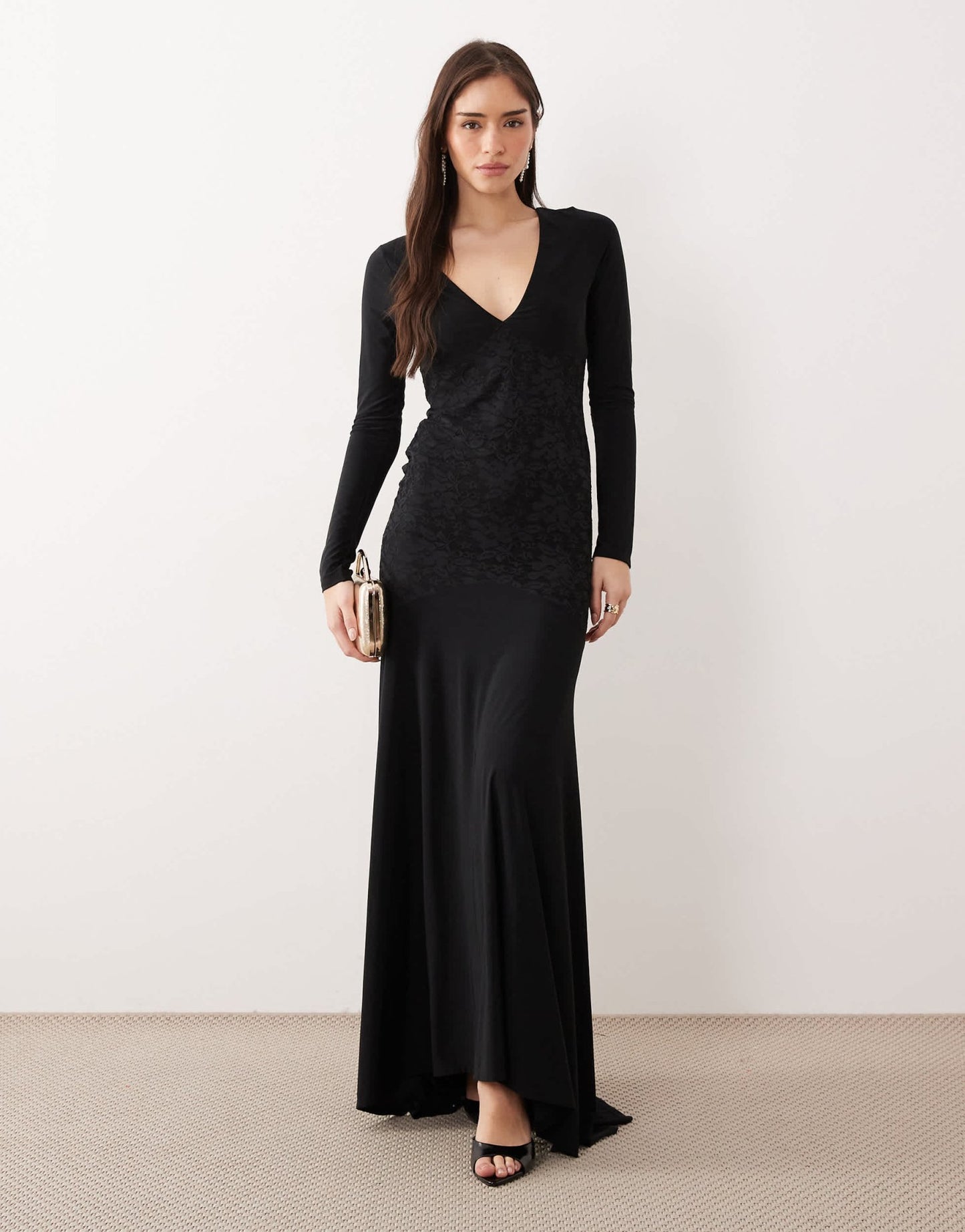 ASOS DESIGN lace long sleeve maxi dress with ruched bodice in black - ASOS Sample Sale