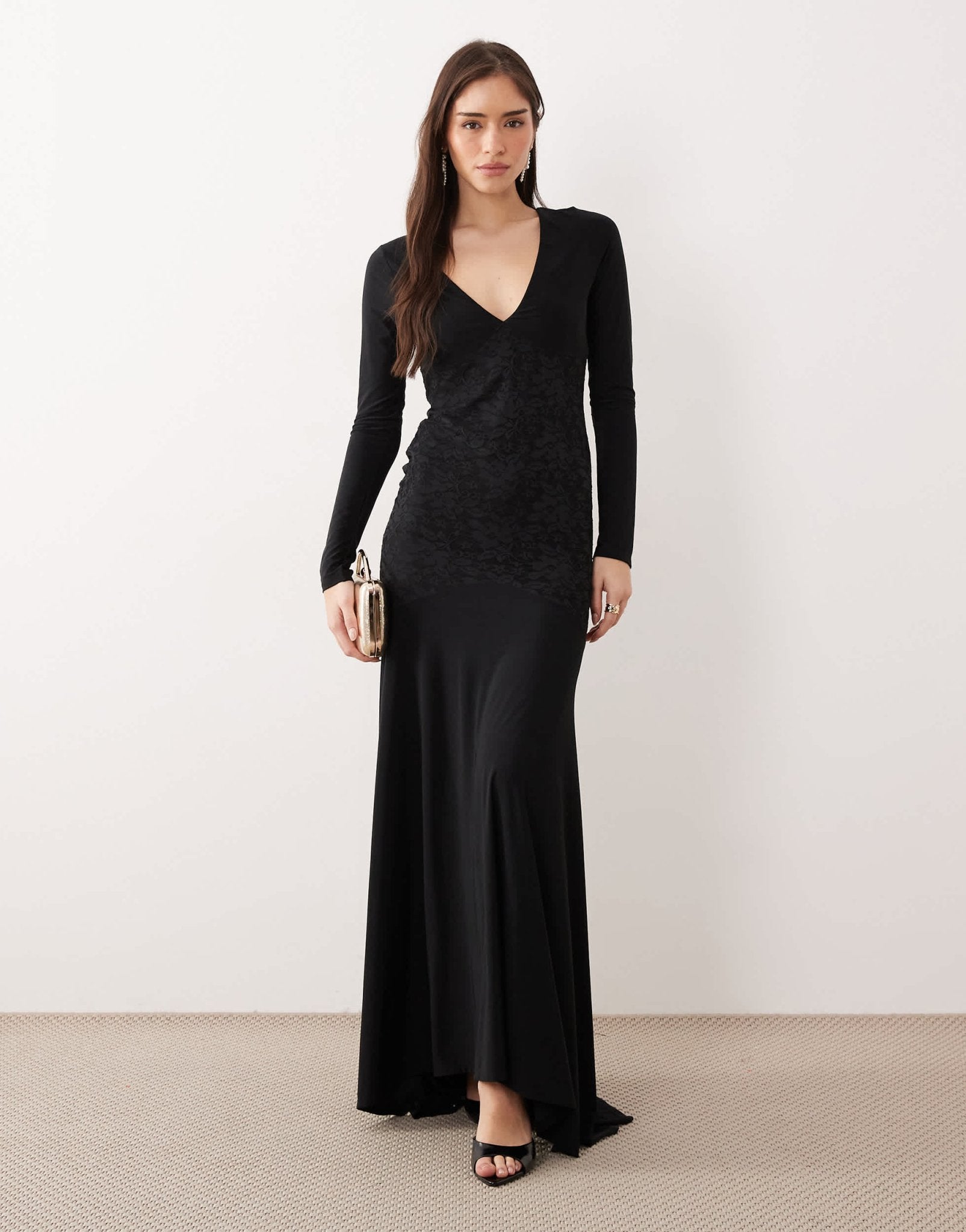ASOS DESIGN lace long sleeve maxi dress with ruched bodice in black - ASOS Sample Sale