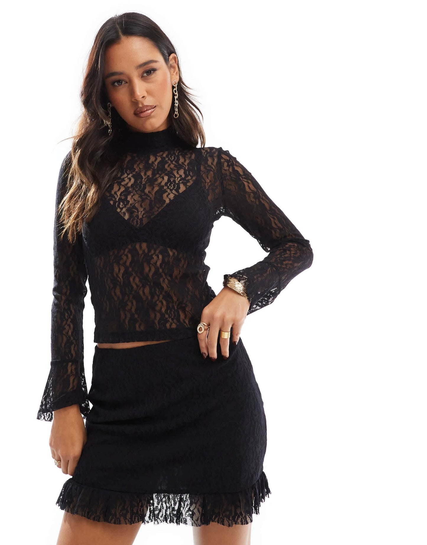 ASOS DESIGN lace mini skirt with ruffle hem co ord in black - ASOS Sample Sale