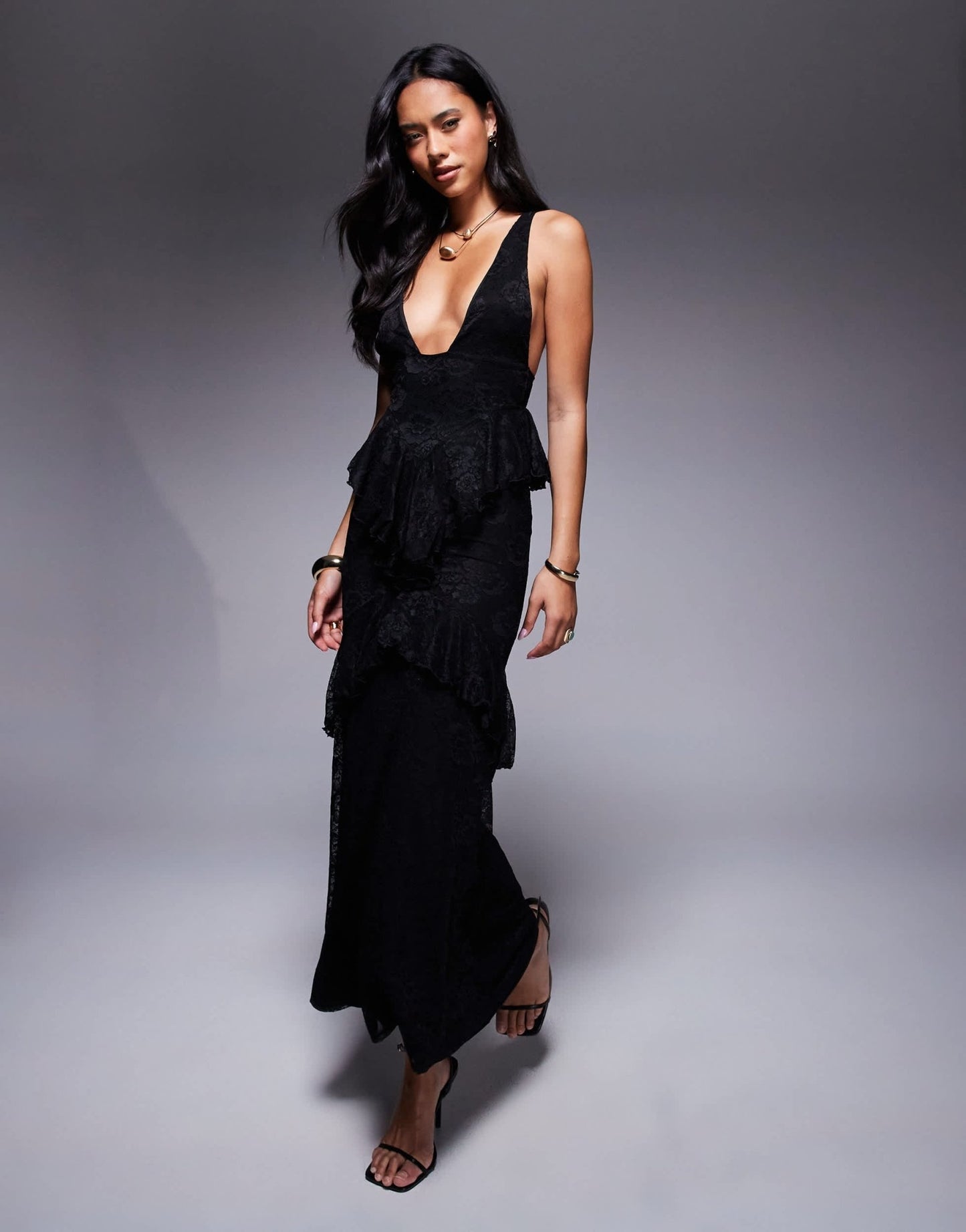 ASOS DESIGN lace plunge ruffle maxi dress in black - ASOS Sample Sale