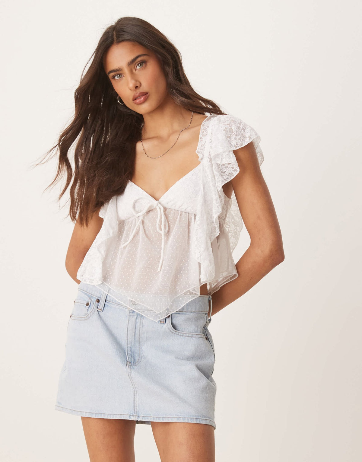 ASOS DESIGN lace ruffle flutter sleeve open back top in white - ASOS Sample Sale