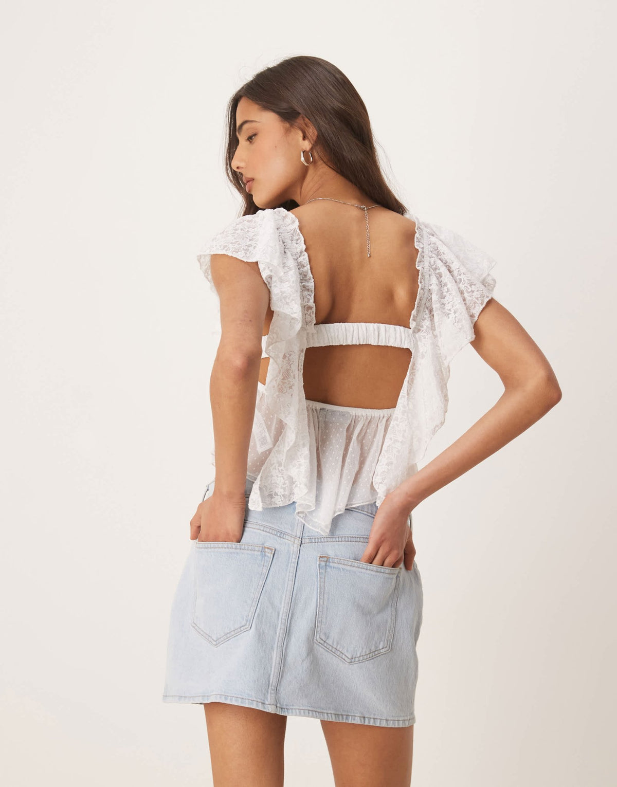 ASOS DESIGN lace ruffle flutter sleeve open back top in white - ASOS Sample Sale