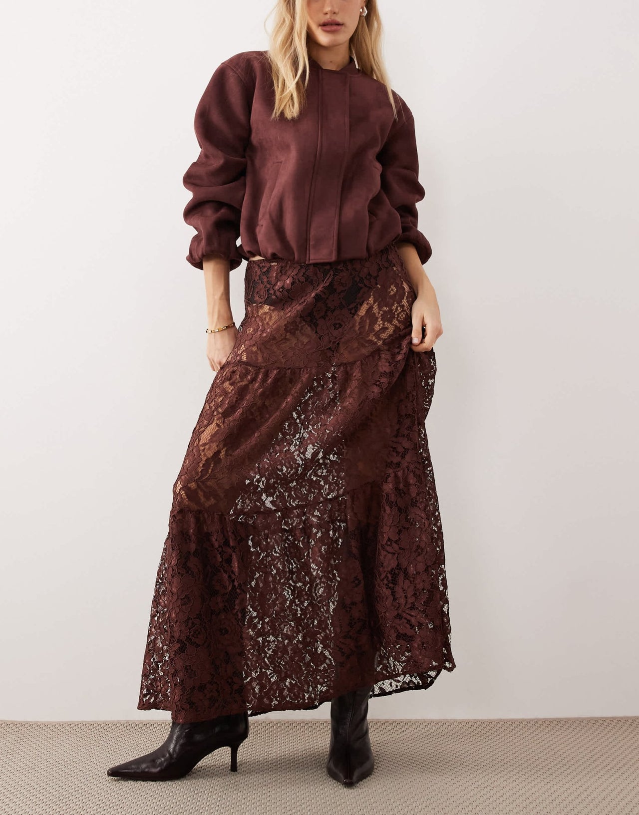 ASOS DESIGN lace tiered maxi skirt in chocolate - ASOS Sample Sale