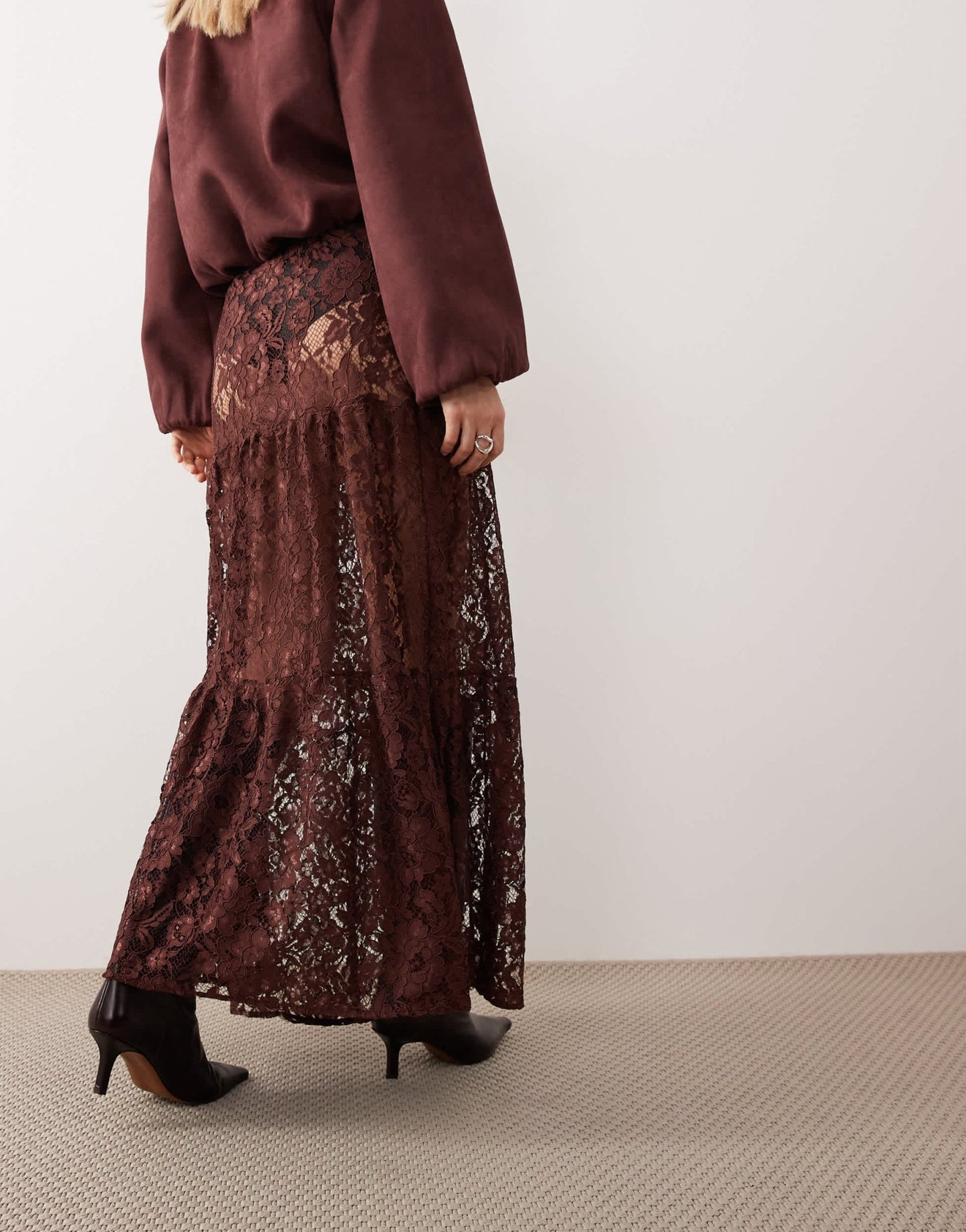 ASOS DESIGN lace tiered maxi skirt in chocolate - ASOS Sample Sale
