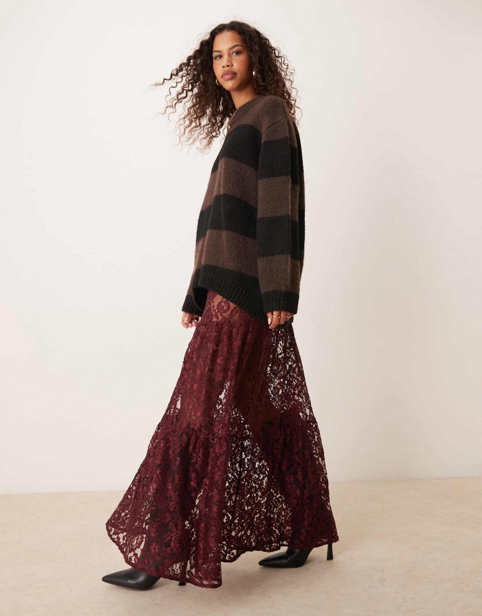 ASOS DESIGN lace tiered midi skirt in burgundy - ASOS Sample Sale