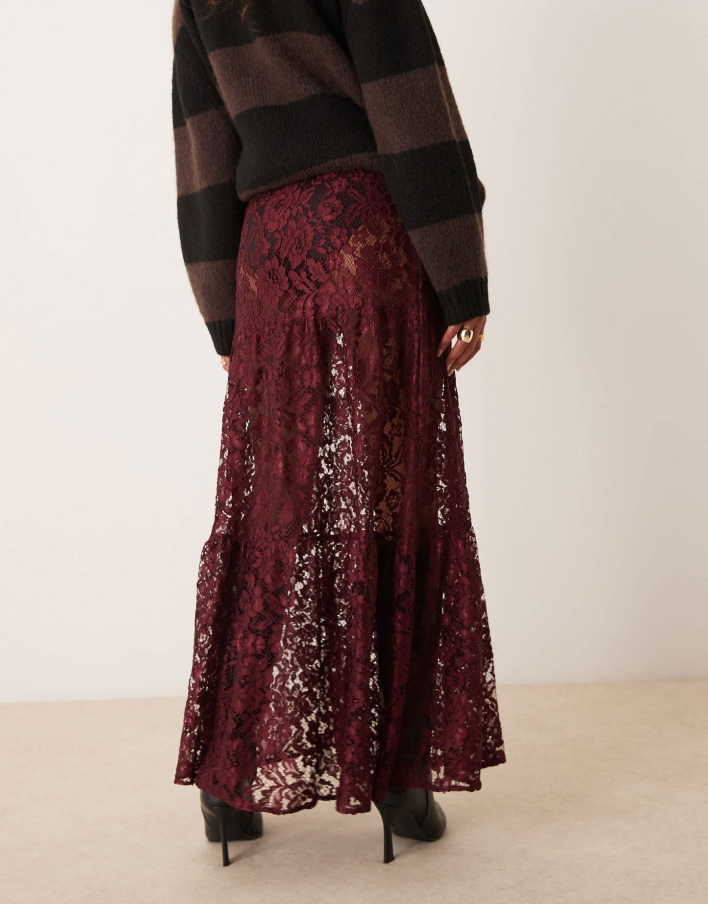 ASOS DESIGN lace tiered midi skirt in burgundy - ASOS Sample Sale