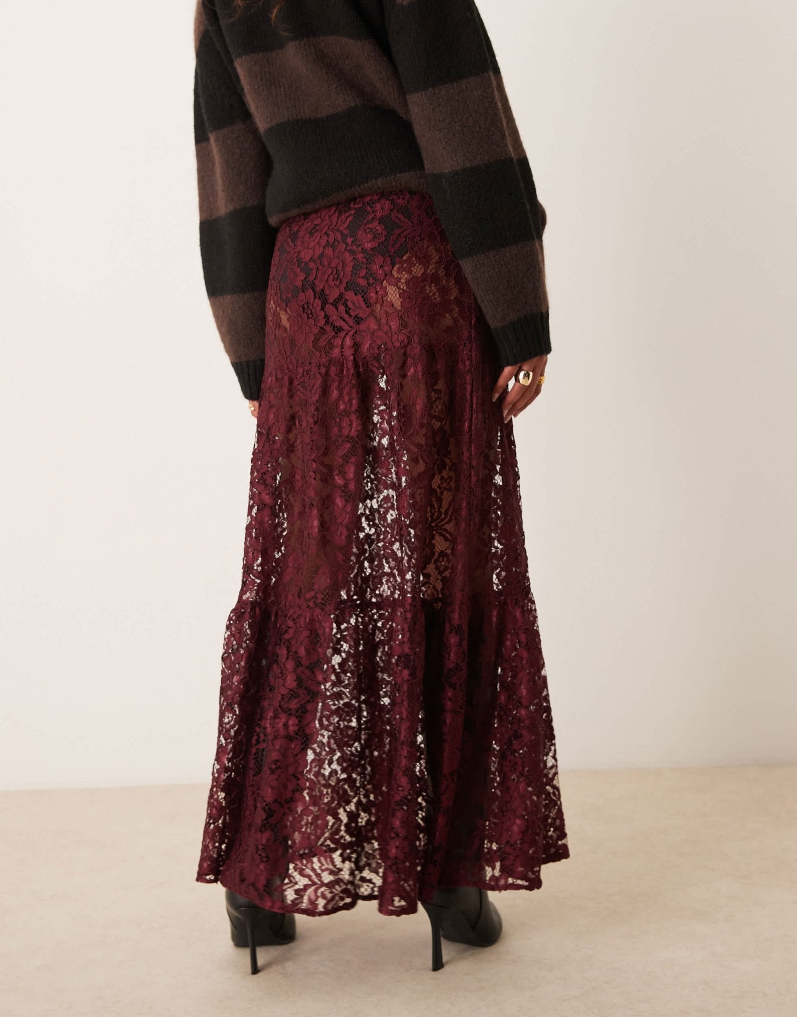 ASOS DESIGN lace tiered midi skirt in burgundy - ASOS Sample Sale