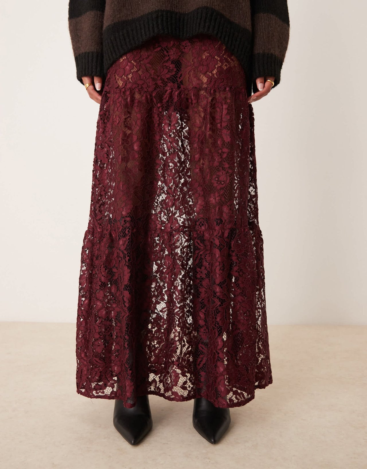 ASOS DESIGN lace tiered midi skirt in burgundy - ASOS Sample Sale