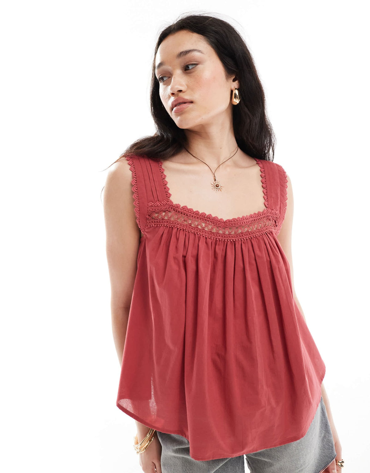 ASOS DESIGN lace trim square neck cami top in burgundy - ASOS Sample Sale