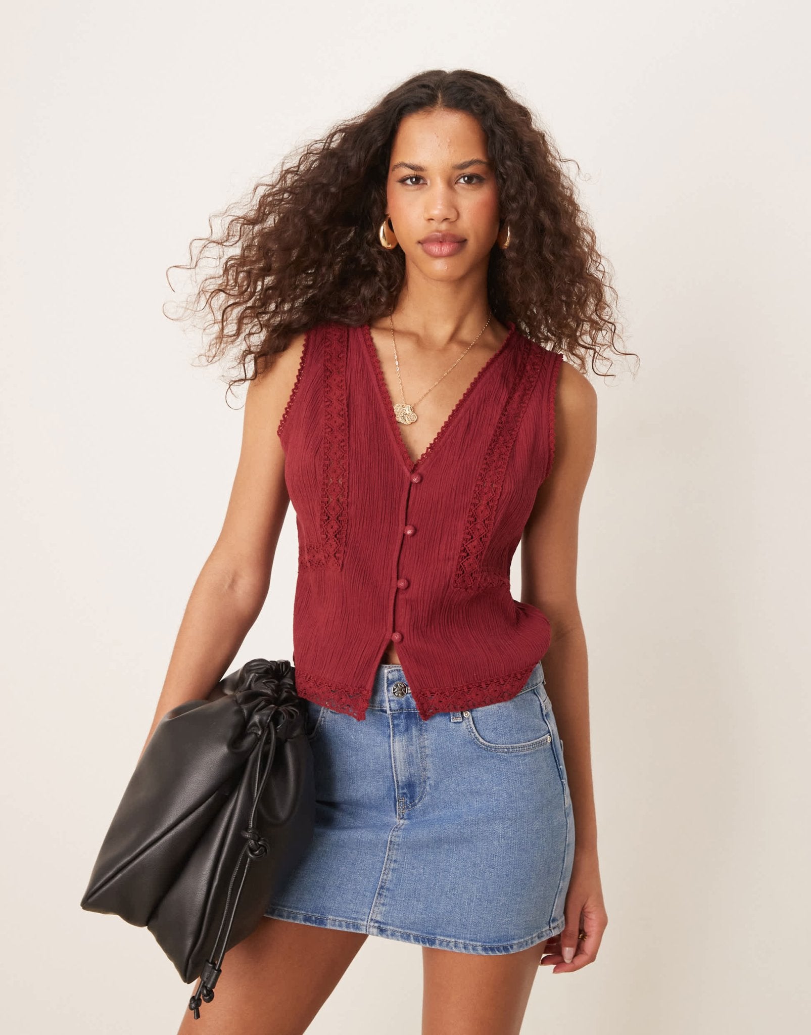 ASOS DESIGN lace trim waistcoat in dark red - ASOS Sample Sale