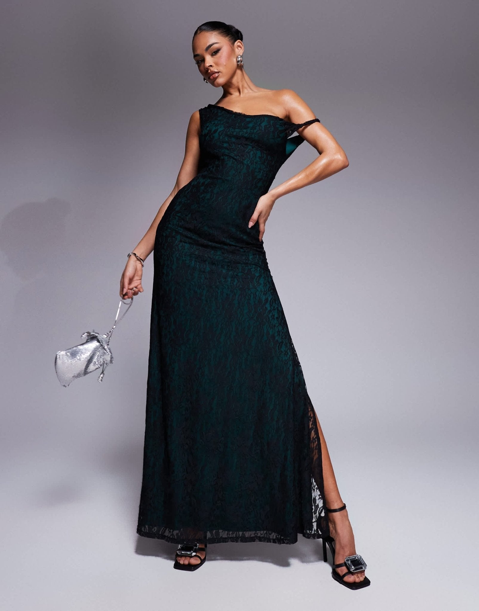 ASOS DESIGN lace twist shoulder maxi dress with lace up back detail and contrast lining in green - ASOS Sample Sale