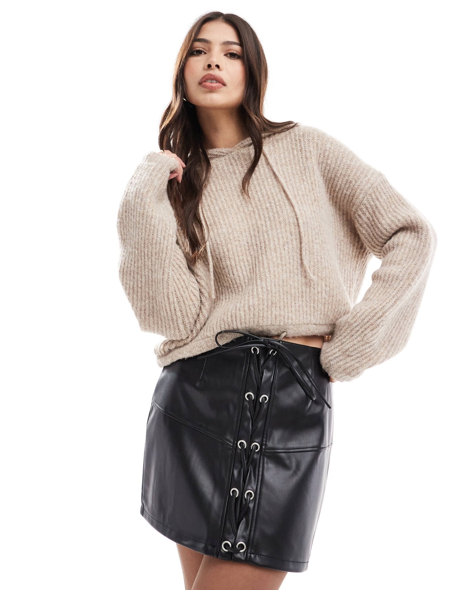 ASOS DESIGN lace up front leather look mini skirt in black - ASOS Sample Sale