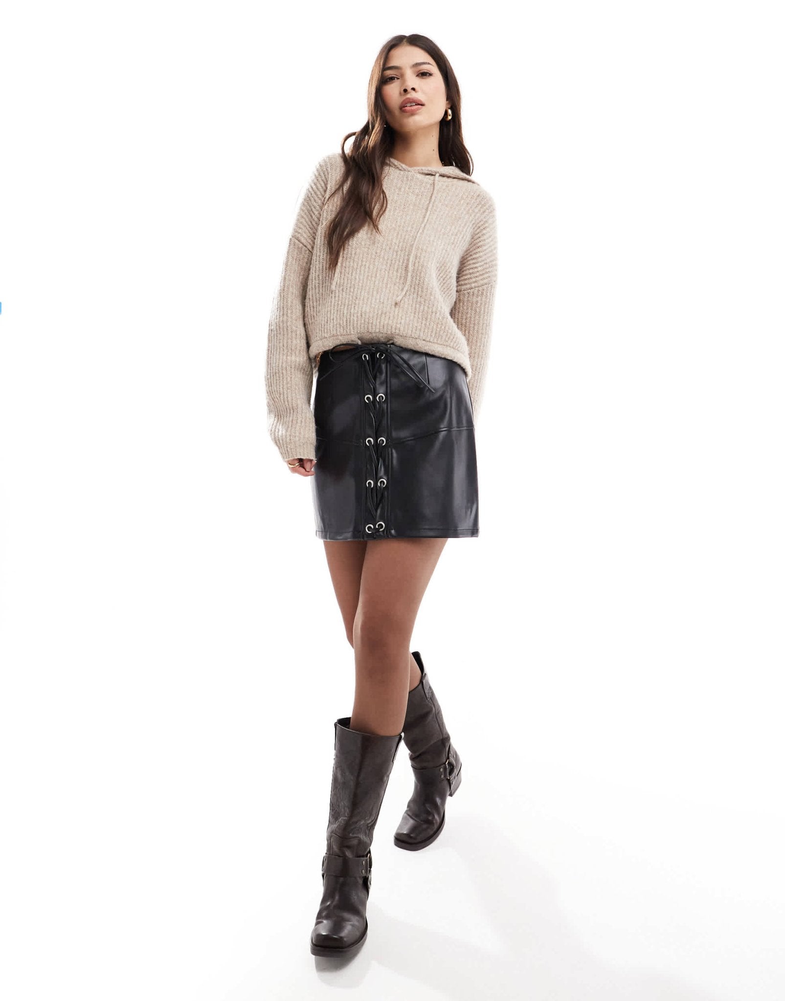 ASOS DESIGN lace up front leather look mini skirt in black - ASOS Sample Sale