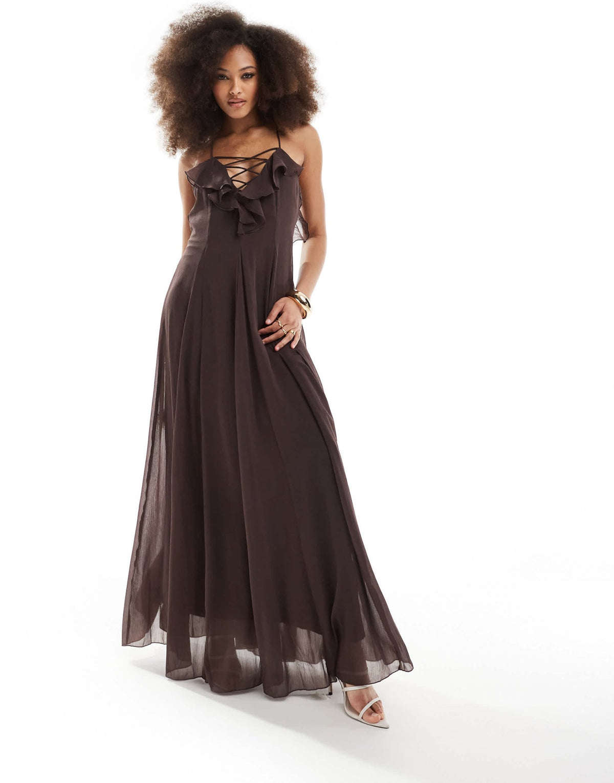 ASOS DESIGN lace up ruffle cami maxi dress with godet in chocolate - ASOS Sample Sale