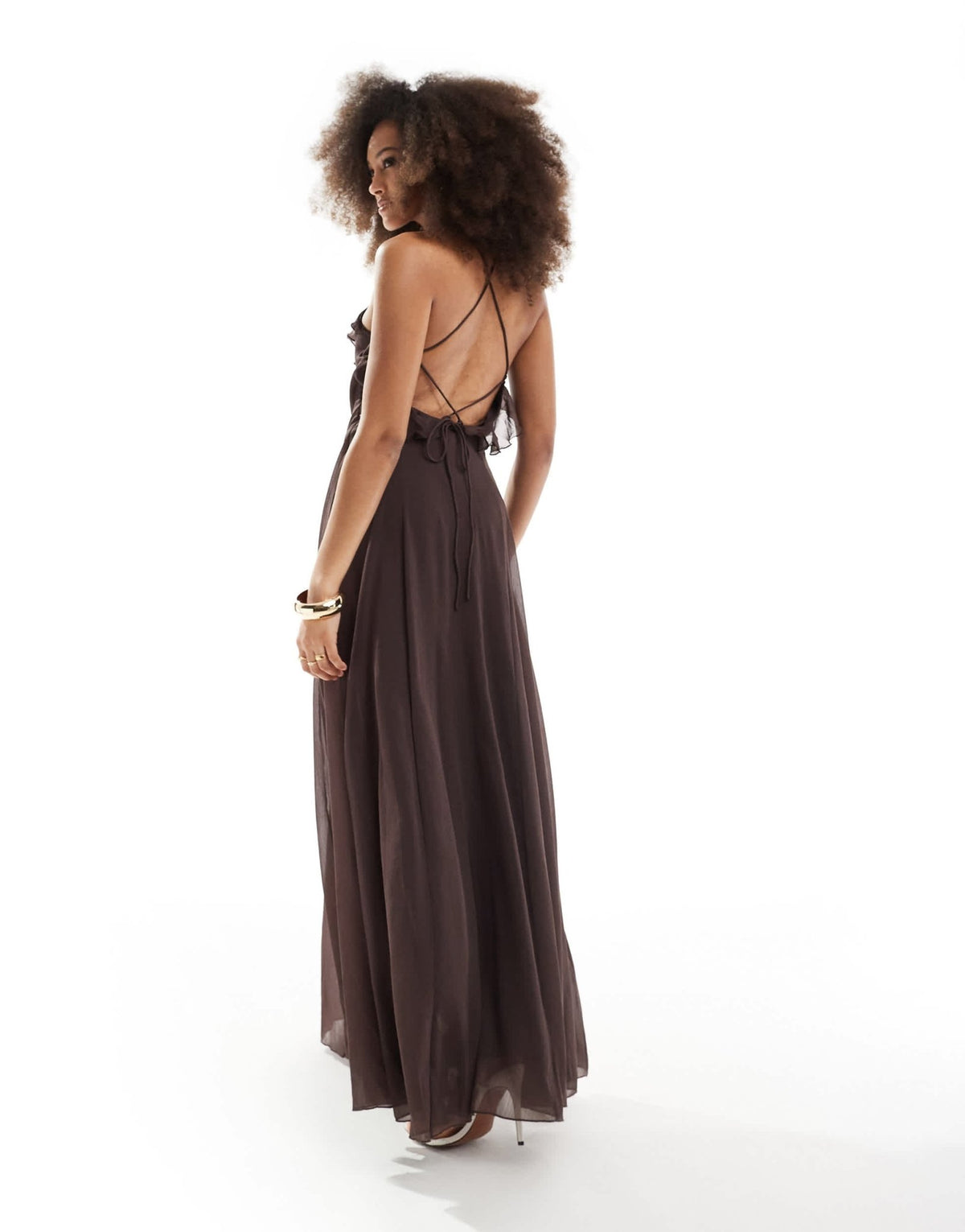 ASOS DESIGN lace up ruffle cami maxi dress with godet in chocolate - ASOS Sample Sale