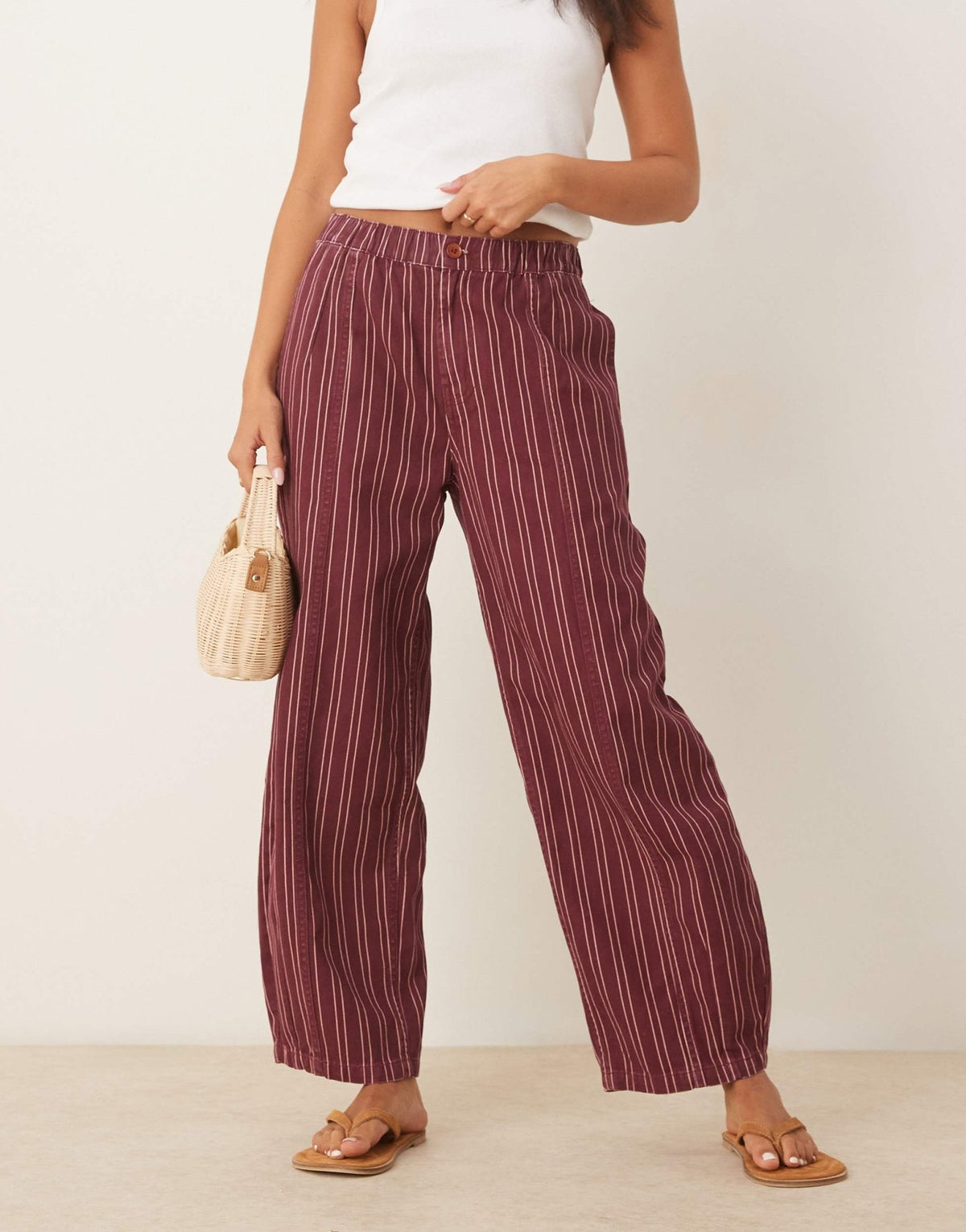 ASOS DESIGN laundered pull on barrel trousers in burgundy stripe - ASOS Sample Sale