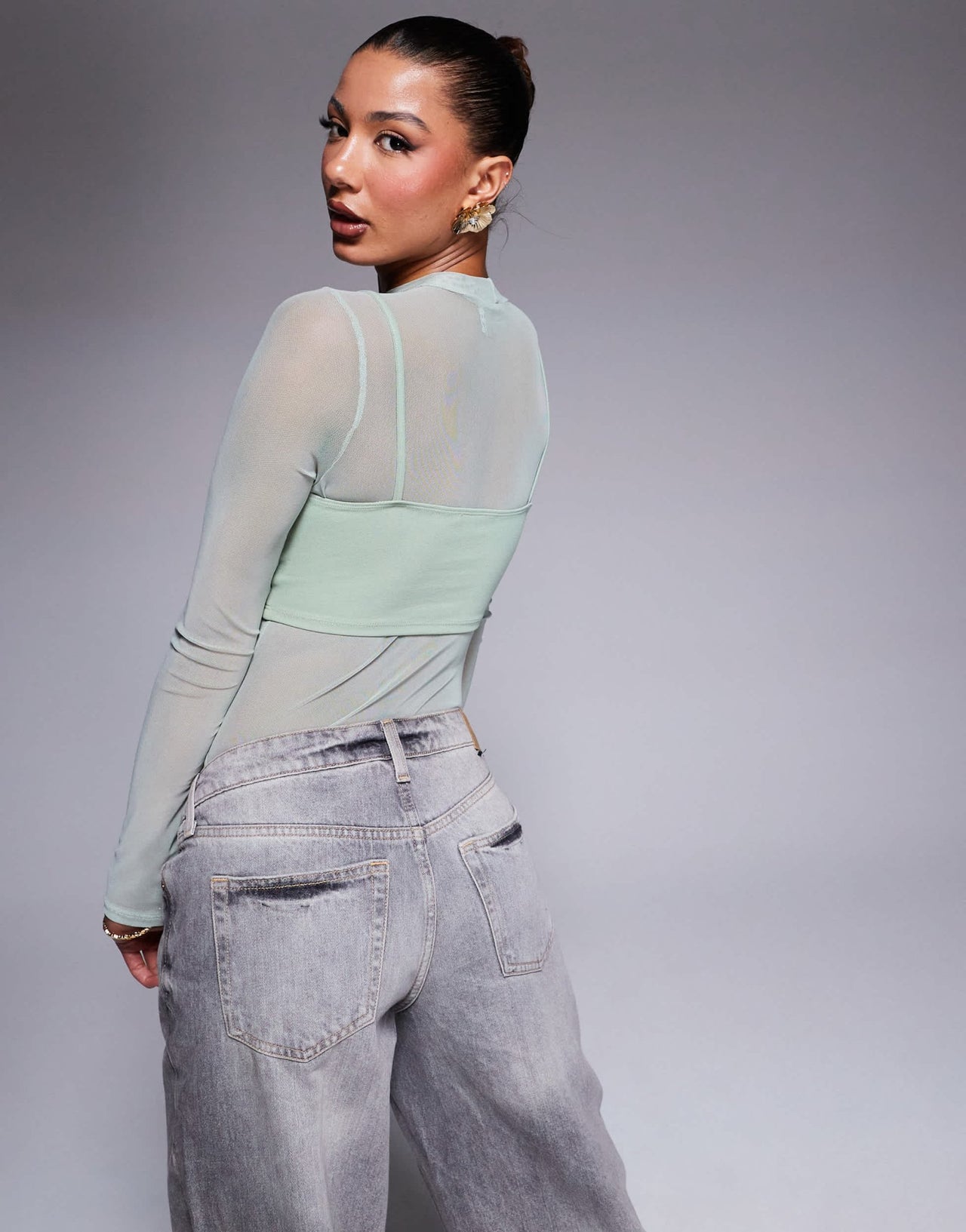 ASOS DESIGN layered mesh bodysuit with plunge bralet in sage - ASOS Sample Sale