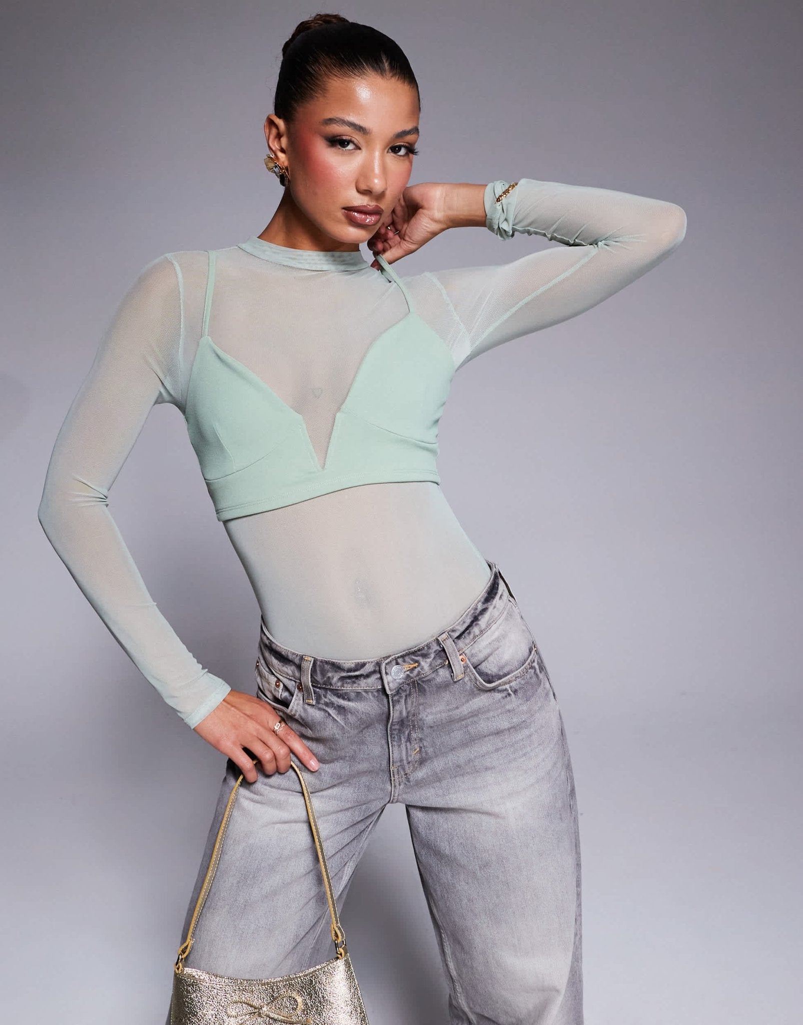 ASOS DESIGN layered mesh bodysuit with plunge bralet in sage - ASOS Sample Sale