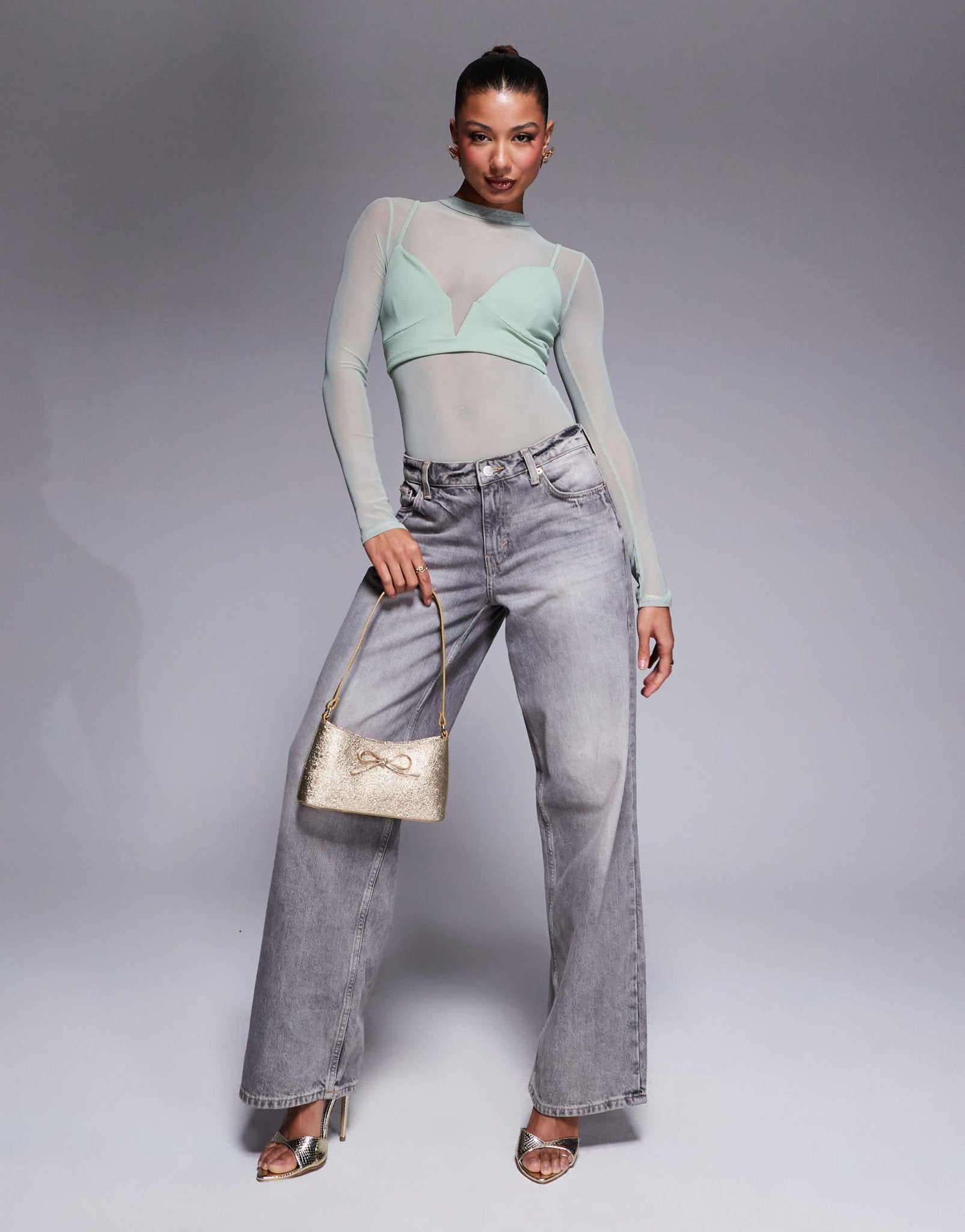 ASOS DESIGN layered mesh bodysuit with plunge bralet in sage - ASOS Sample Sale