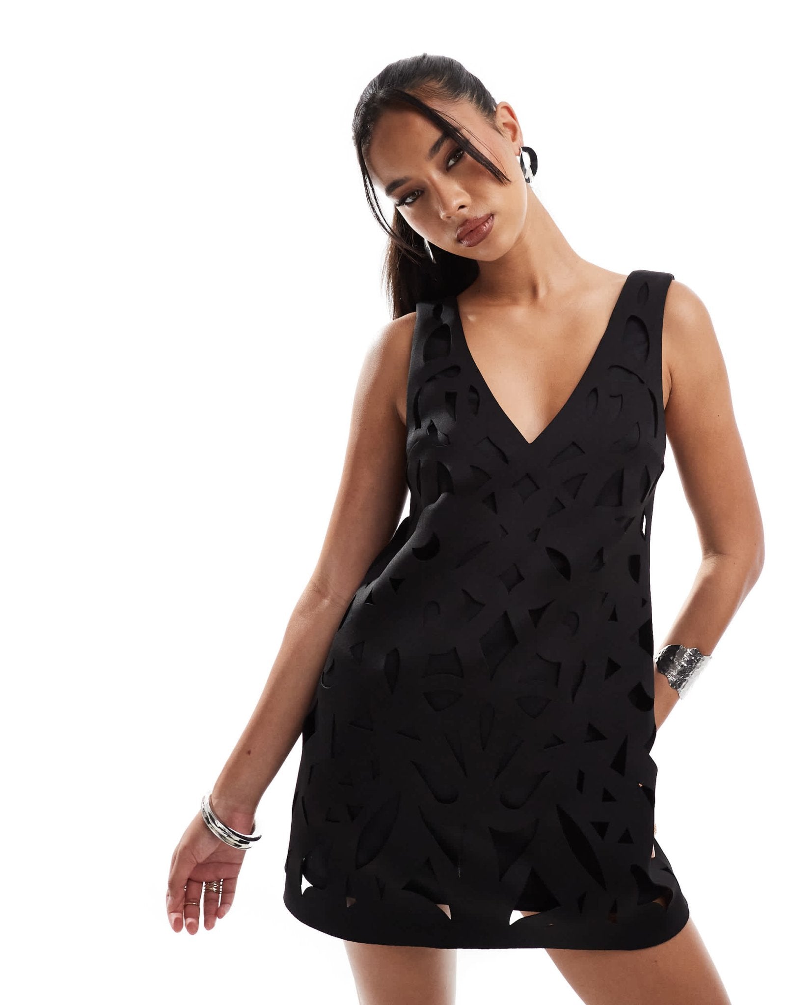 ASOS DESIGN lazer cut artwork structured mini dress in black - ASOS Sample Sale
