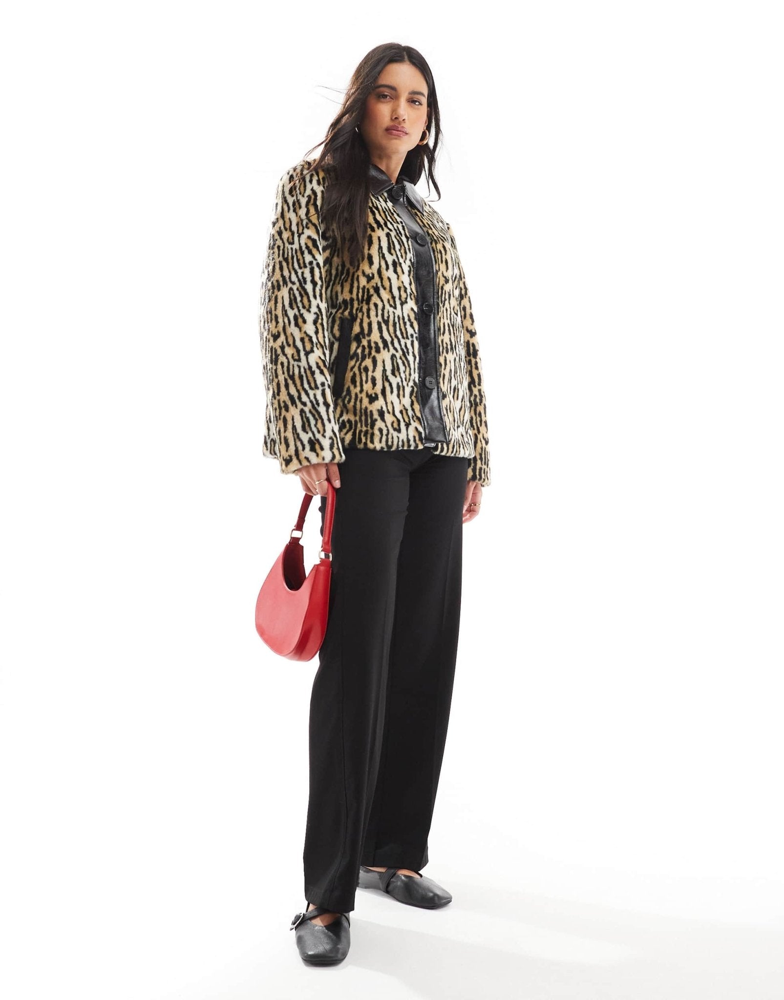ASOS DESIGN leather collar faux fur jacket in leopard - ASOS Sample Sale