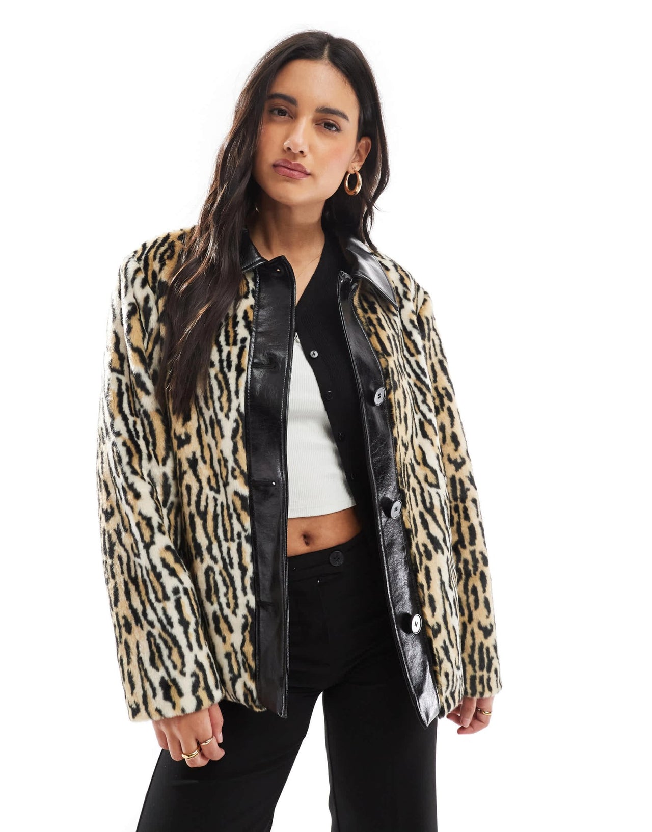 ASOS DESIGN leather collar faux fur jacket in leopard - ASOS Sample Sale