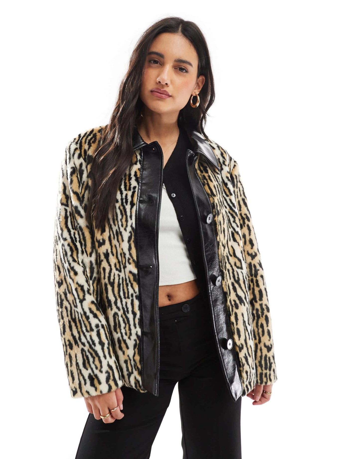 ASOS DESIGN leather collar faux fur jacket in leopard - ASOS Sample Sale